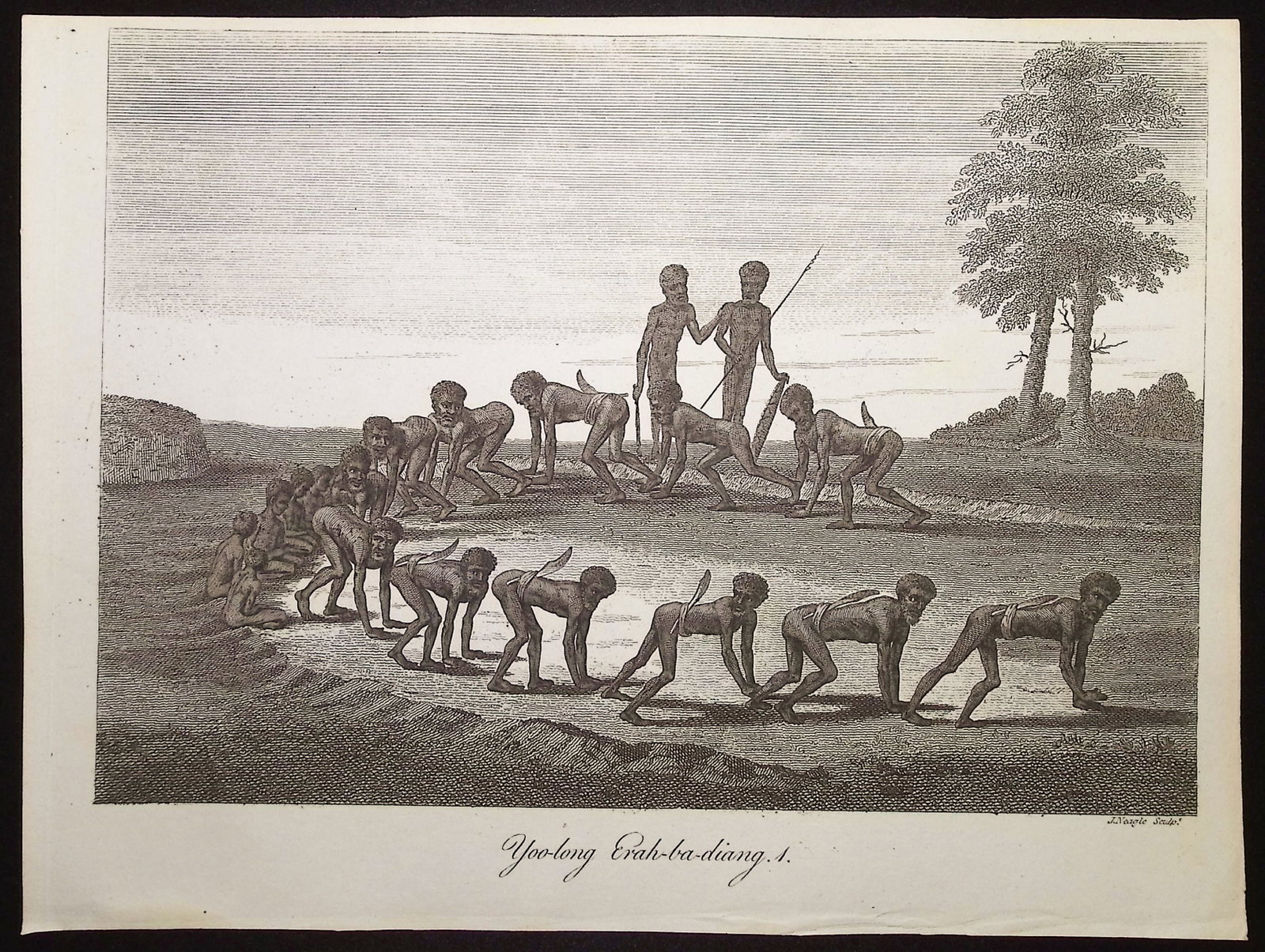 Collins - Australia (New Holland): Yoo-long Erah-ba-diang: This historical, first edition engraving is from David Collins's An Account of the English Colony in New South Wales. The work was published in London in 1798 for T. Cadell & W. Davies. The work was a