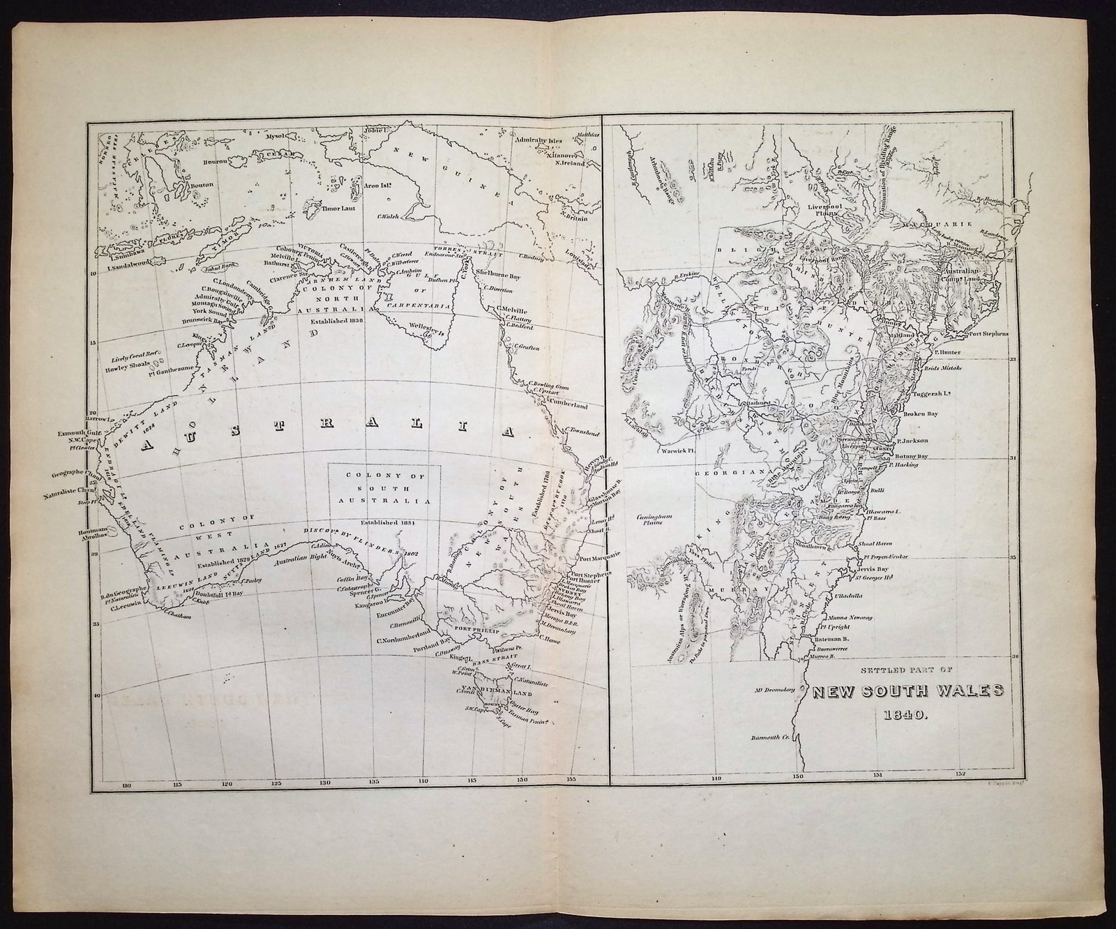 Wilkes - Map of Australia & New South Wales (Australia or New Holland): This historic engraving is from Charles Wilkes's Narrative of the United States Exploring Expedition. During the Years 1838, 1839, 1840, 1841, 1842. The work was published in Philadelphia by Lea and B