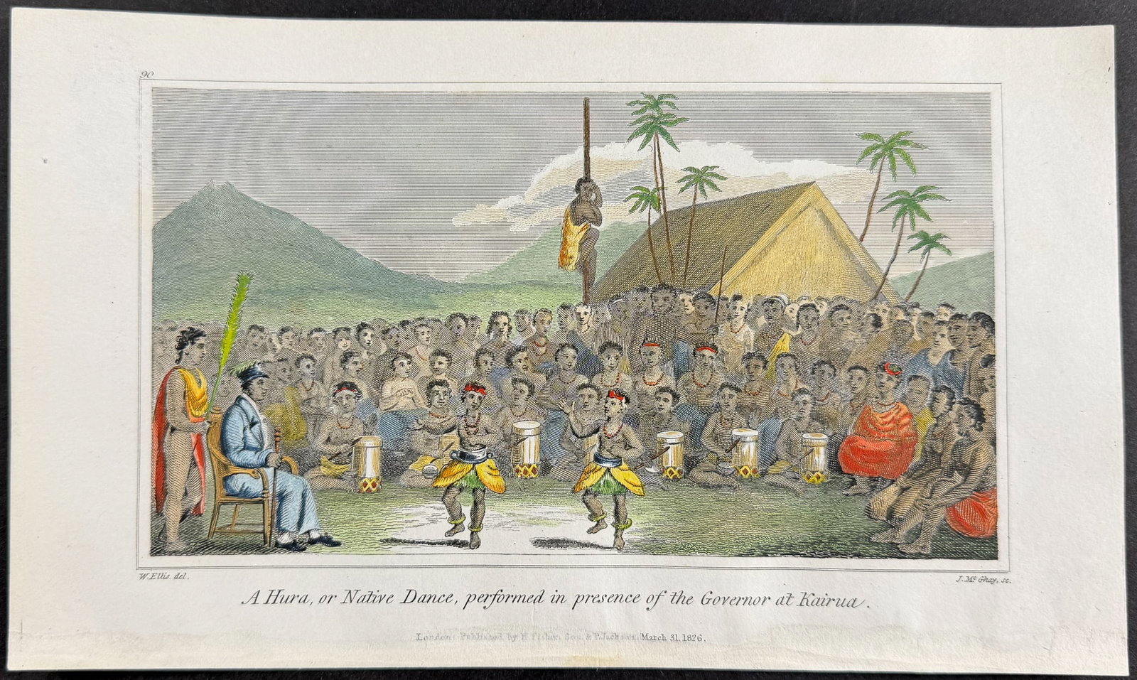 Ellis, Hawaii - A Hura, or Native Dance, performed in presence of the Governor at Kairua (Sandwich: This historic engraving is from William Ellis's Narrative of a tour Through Hawaii, or Owhyhee; With Observations On The Natural History of the Sandwich Islands, and Remarks on the Manners, Customs, T