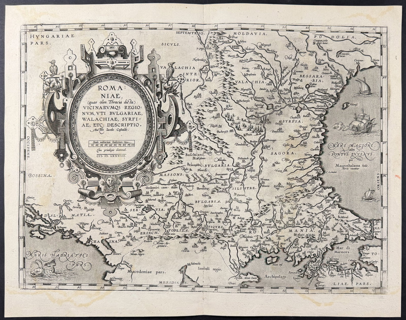 Ortelius, pub. 1587 - Map of Romania: This stunning engraved map is from Abraham Ortelius's Theatrum orbis terrarum. This is the first French but third edition of the work published in 1587 in Antwerp by Christophe Plantin. These maps hav