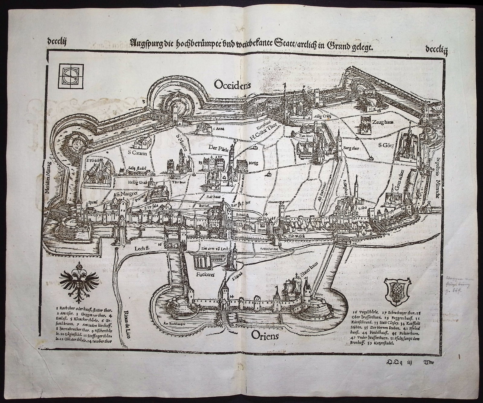 Munster, pub. 1578 - Plan of Augsburg, Germany: This very old woodcut is from Sebastian Munster's Cosmographia Universalis or Cosmographey: das ist Beschreibung aller Lander [...] The work was published in Basel in 1578 by Heinrich Petri. The work 