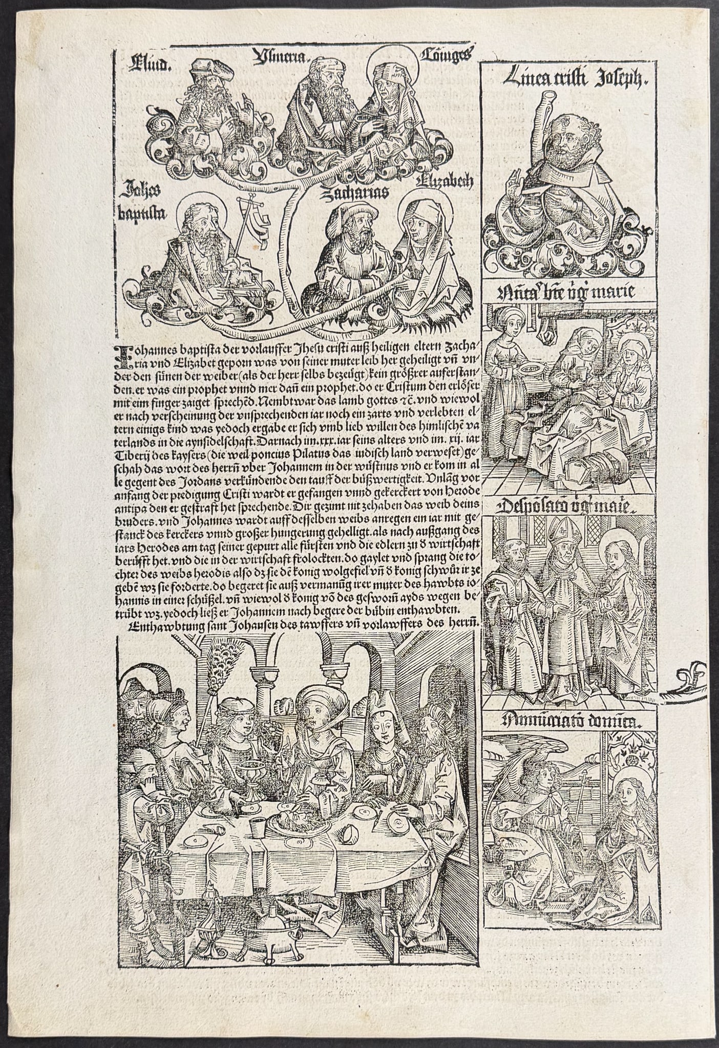 Schedel, pub. 1493 - Herodias with the head of John the Baptist, Biblical Scenes / Verso: Relgious &: This important and historic engraving is from Hartmann Schedel Liber Chronicarum, more commonly known as the Nuremberg Chronicle (in German: Das Buch der Croniken und Geschichten. This is from the fir