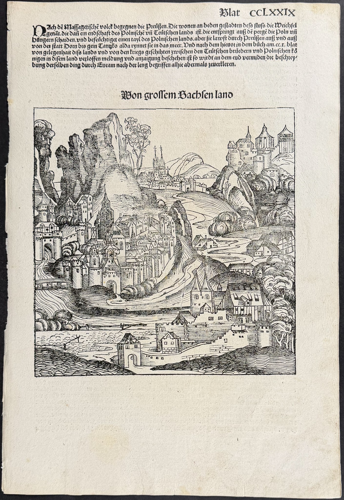 Schedel, pub. 1493 - View of Greater Saxony (Germany): This important and historic engraving is from Hartmann Schedel Liber Chronicarum, more commonly known as the Nuremberg Chronicle (in German: Das Buch der Croniken und Geschichten. This is from the fir