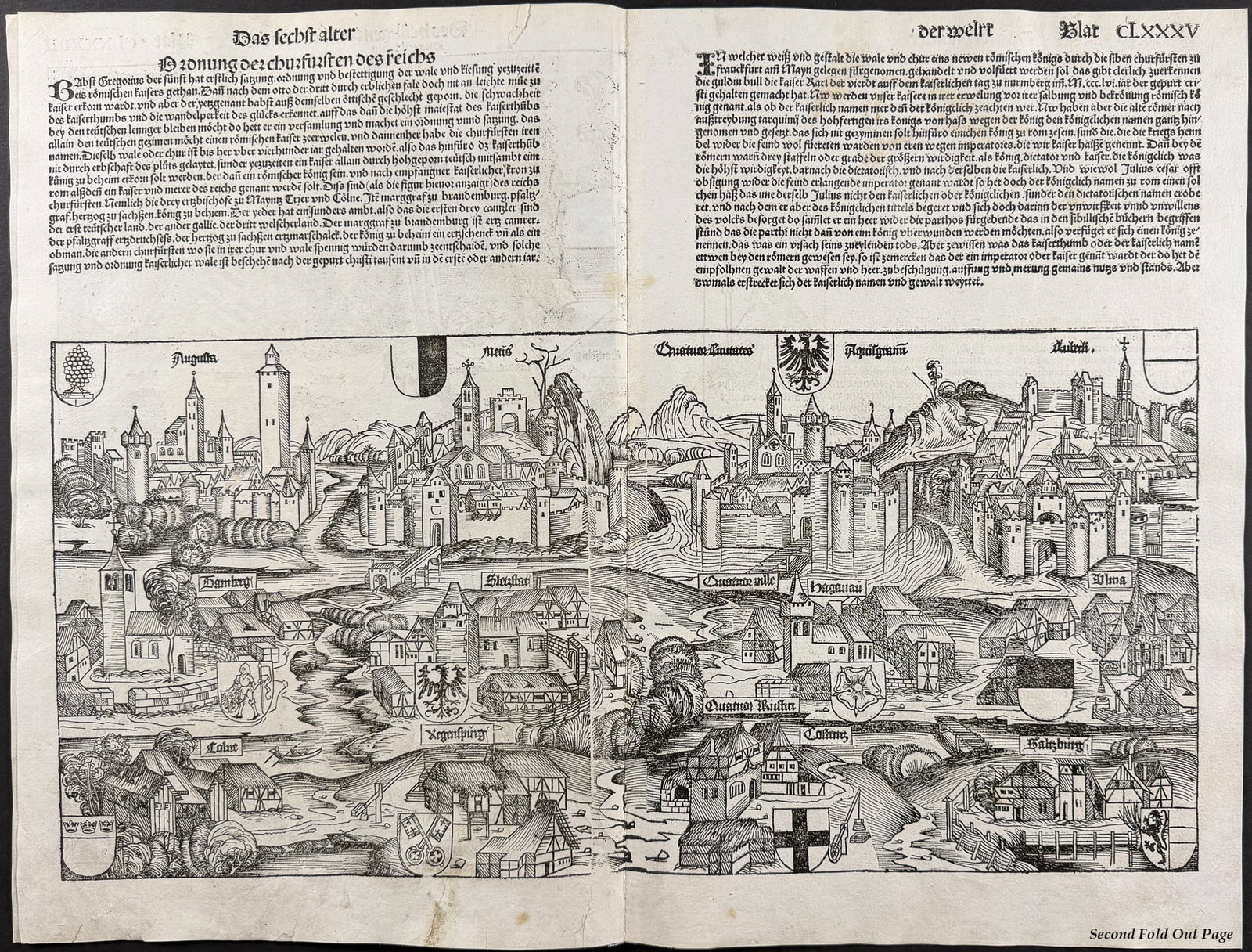 Schedel, pub. 1493 - View of Cities of the Holy Roman Empire (Germany, Austria) / Electors and: This important and historic engraving is from Hartmann Schedel Liber Chronicarum, more commonly known as the Nuremberg Chronicle (in German: Das Buch der Croniken und Geschichten. This is from the fir
