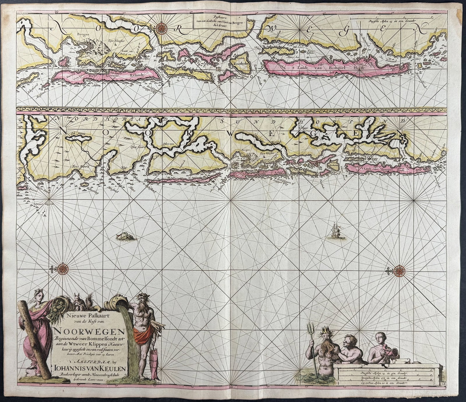 Van Keulen, Rare - Map of the Coast of Norway: This extraordinary, originally hand-colored map is from the exceedingly rare atlas from Johannes and Gerard Van Keulen entitled De Groote Nieuwe Vermeerderde Zee-Atlas ofte Water-Waerld. Vertoonende i