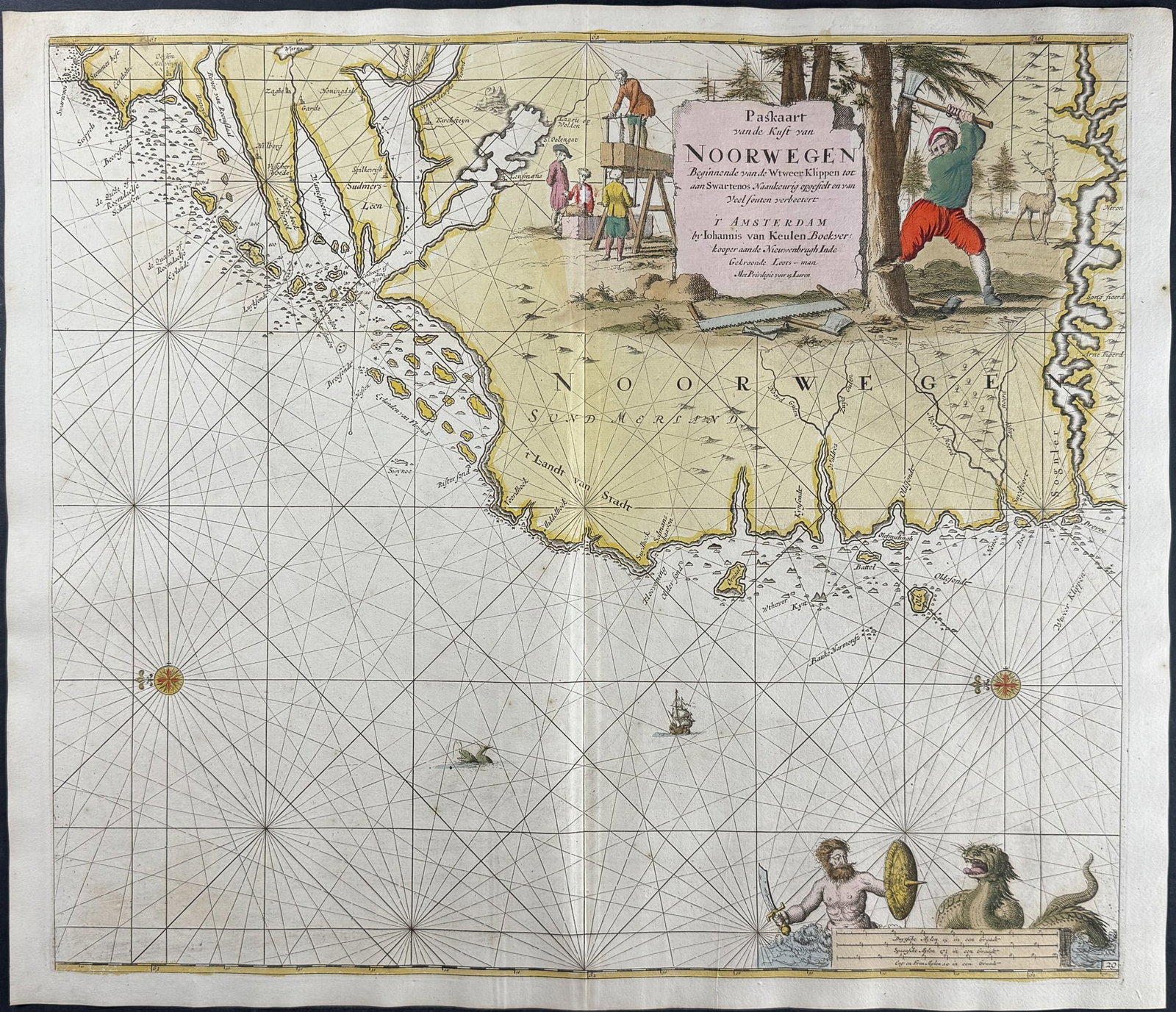 Van Keulen, Rare - Map of the Coast of Norway: This extraordinary, originally hand-colored map is from the exceedingly rare atlas from Johannes and Gerard Van Keulen entitled De Groote Nieuwe Vermeerderde Zee-Atlas ofte Water-Waerld. Vertoonende i