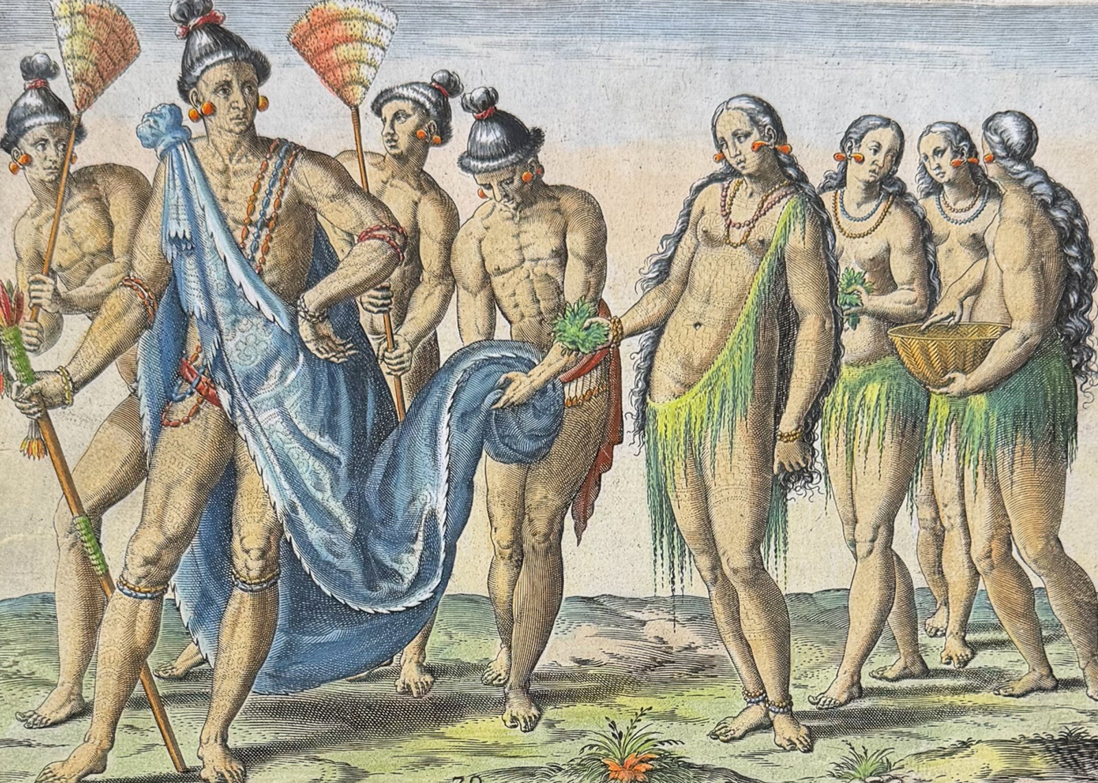 De Bry - Florida - The king and queen taking a walk for their amusement: This significant, historic engraving is from Theodor de Bry & Jacques Le Moyne's Der ander Theyl de Newlich erfundenen Landtschafft Americae . . . in Floridam or Brevis Narratio eorum quae in florida