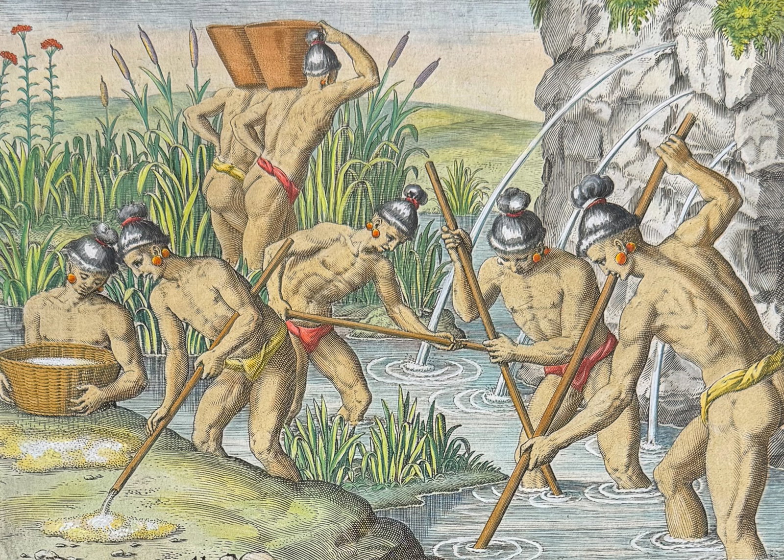 De Bry - Florida - Mode of collecting gold in streams running from the Appalachian Mountains: This significant, historic engraving is from Theodor de Bry & Jacques Le Moyne's Der ander Theyl de Newlich erfundenen Landtschafft Americae . . . in Floridam or Brevis Narratio eorum quae in florida