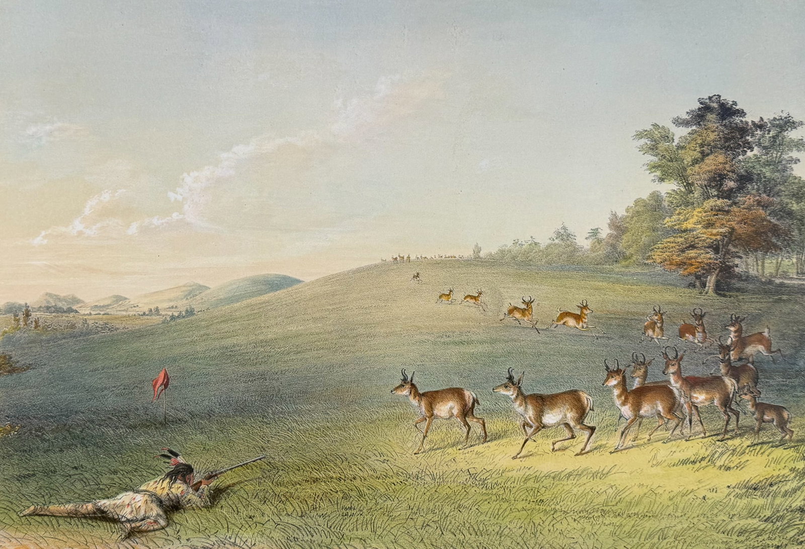 Catlin, Folio, On Card - Antelope Shooting: George Catlin’s North American Indian Portfolio features stunning lithographs which capture Native American history. Field describes the lithographs as “beautiful scenes in Indian life [that] are