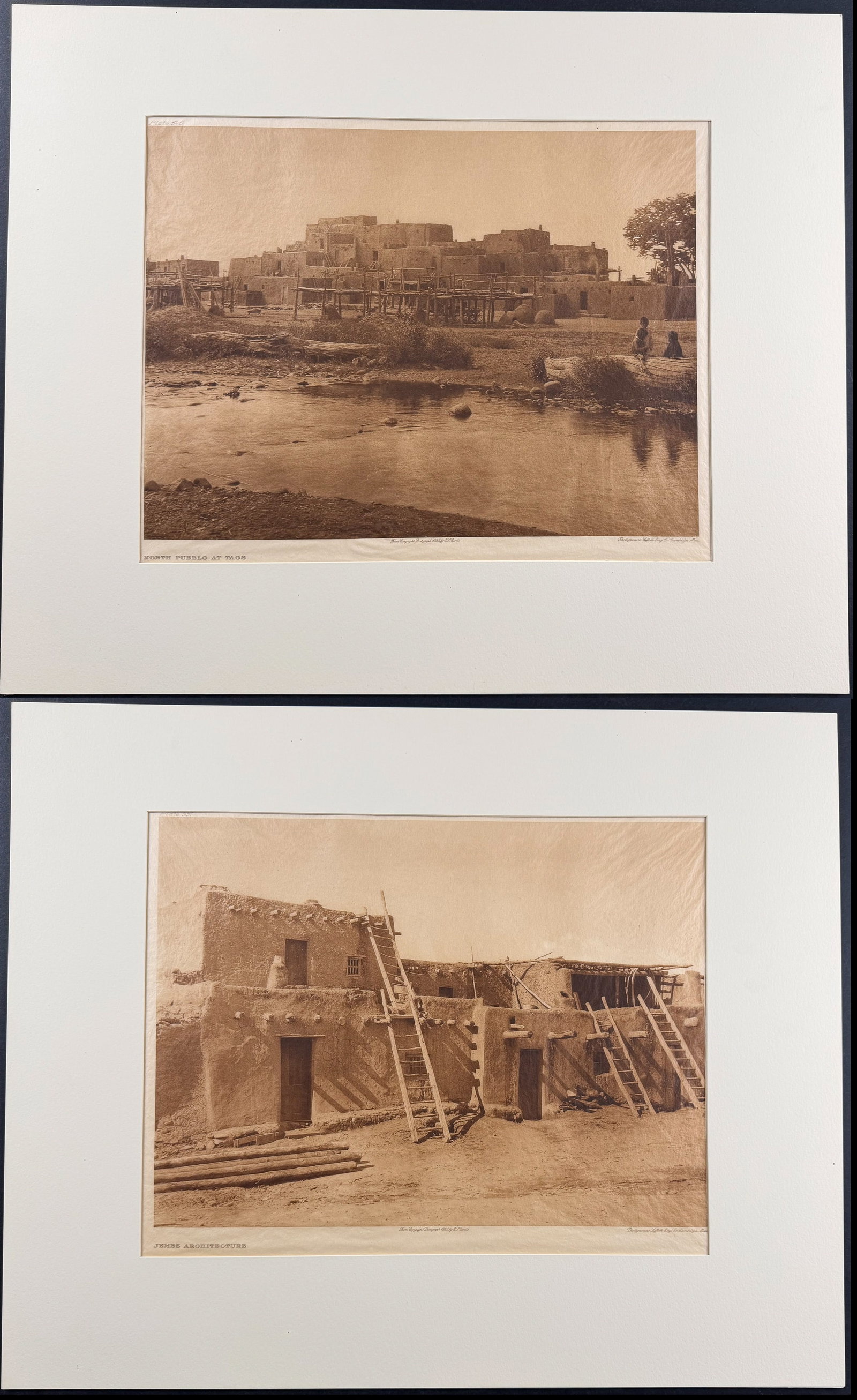 E Curtis, Folio, Japanese Tissue in Overmat - Pair: North Pueblo at Taos & Jemez Architecture: This moving photogravure is from Edward Curtis's The North American Indian being a Series of Volumes Picturing and Describing the Indians of the United States and Alaska. Edited by Frederick Webb
