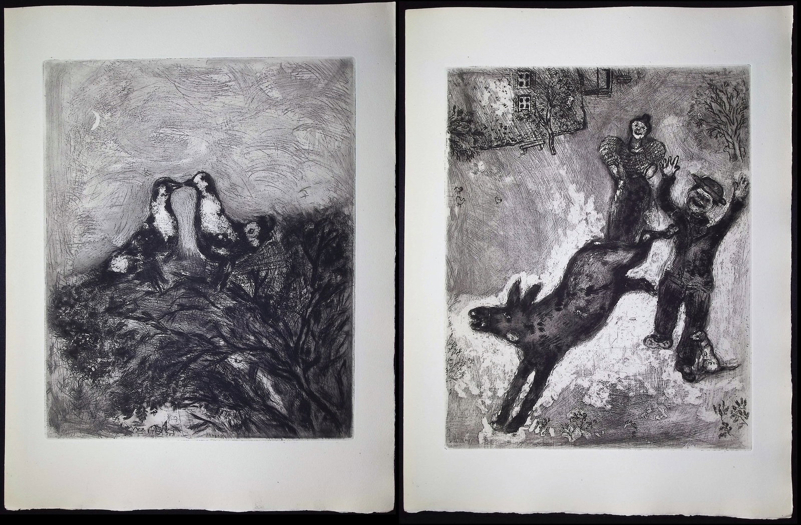 Chagall & Fontaine's Fables - 4 Etchings of Fables: Included in this lot: The Lioness's Funeral [Les Obseques de la Lionne] The Rat and the Elephant [Le Rat & l'Elephant] The Donkey and the Dog [L'Ane & le Chien] The Two Pigeons [Les deux Pigeons]