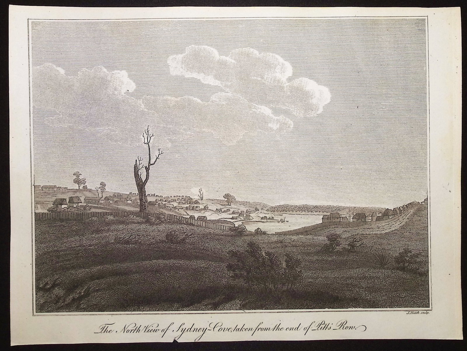 Collins - Australia (New Holland): The North View of Sydney-Cove, taken from the end of Pitt's Row: This historical, first edition engraving is from David Collins's An Account of the English Colony in New South Wales. The work was published in London in 1798 for T. Cadell & W. Davies. The work was a