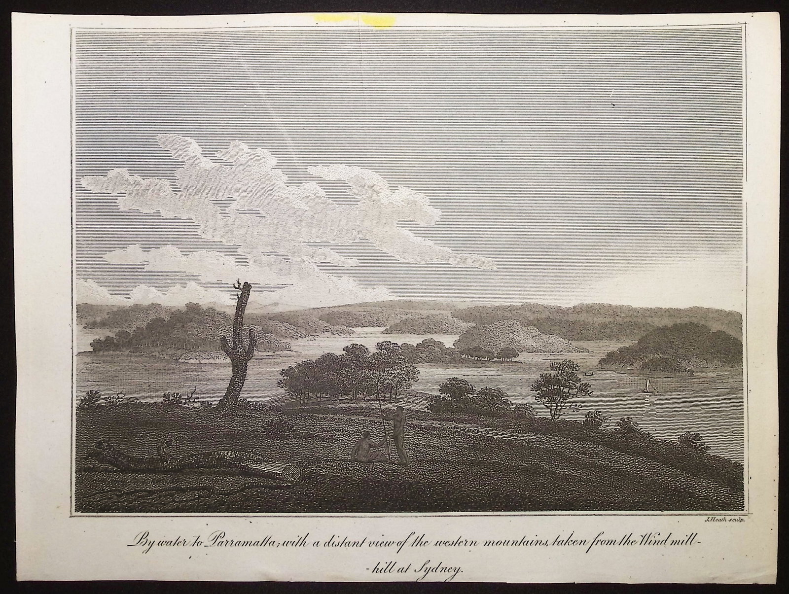 Collins - Australia (New Holland): By Water to Parramtta, with a distant view of the western: This historical, first edition engraving is from David Collins's An Account of the English Colony in New South Wales. The work was published in London in 1798 for T. Cadell & W. Davies. The work was a