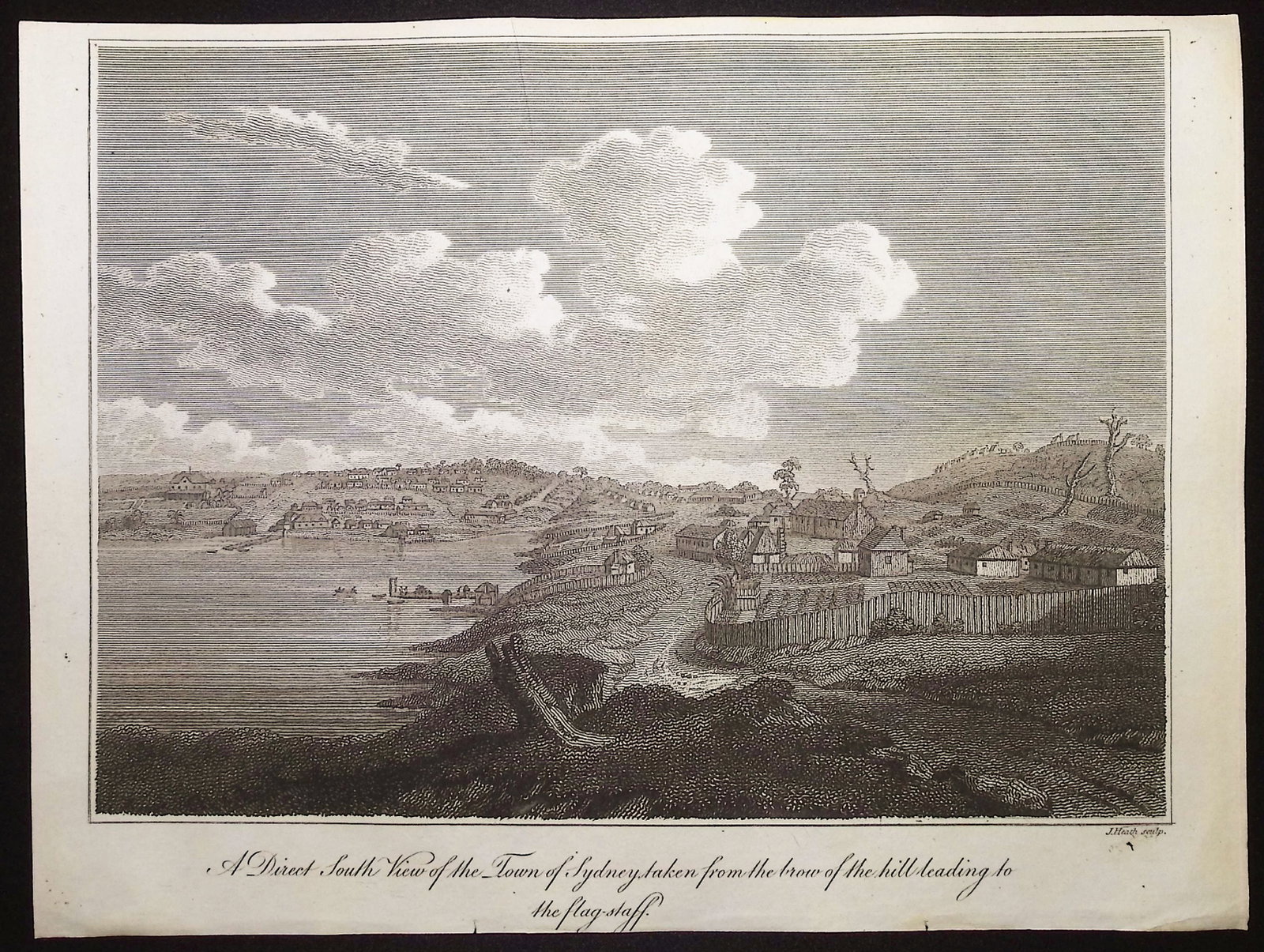 Collins - Australia (New Holland): A Direct South View of the Town of Sydney taken from the brow of: This historical, first edition engraving is from David Collins's An Account of the English Colony in New South Wales. The work was published in London in 1798 for T. Cadell & W. Davies. The work was a