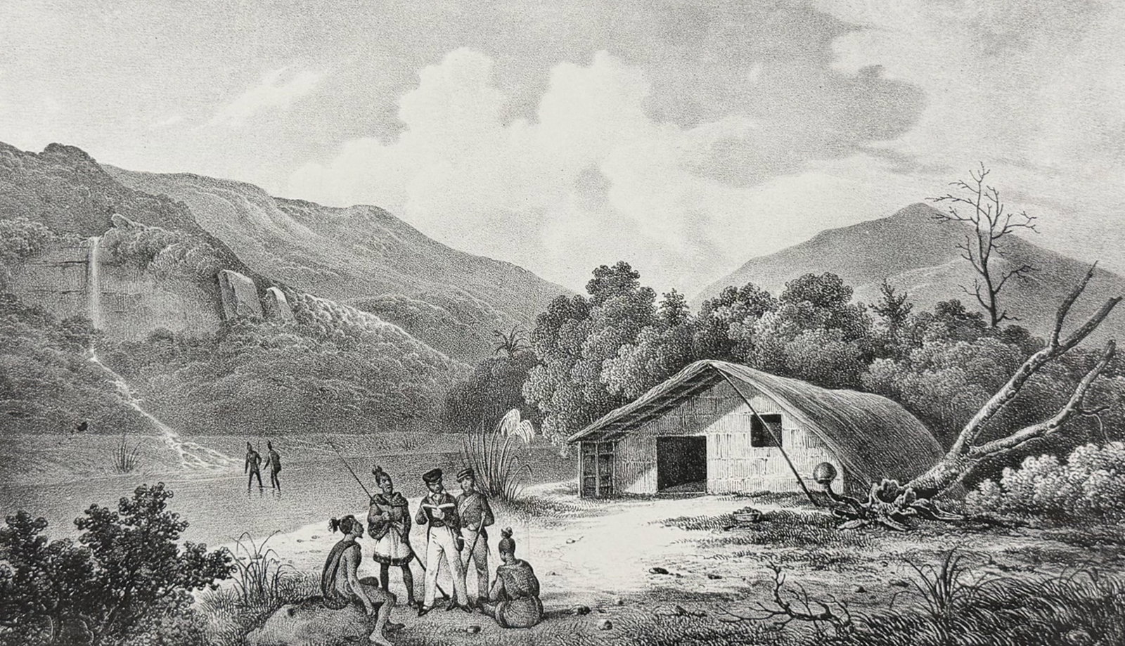 Dumont D'Urville, New Zealand - Maori at Tolaga Bay [Vue de L'Aiguarde du Captain Cook a Houahoua].: This folio lithograph is from Jules Sebastien Cesar Dumont D'Urville's Voyage de la Corvette l'Astrolabe ex?cut? par ordre du Roi pendant les ann?es 1826, 1827, 1828, 1829, sous le commandement de M.J