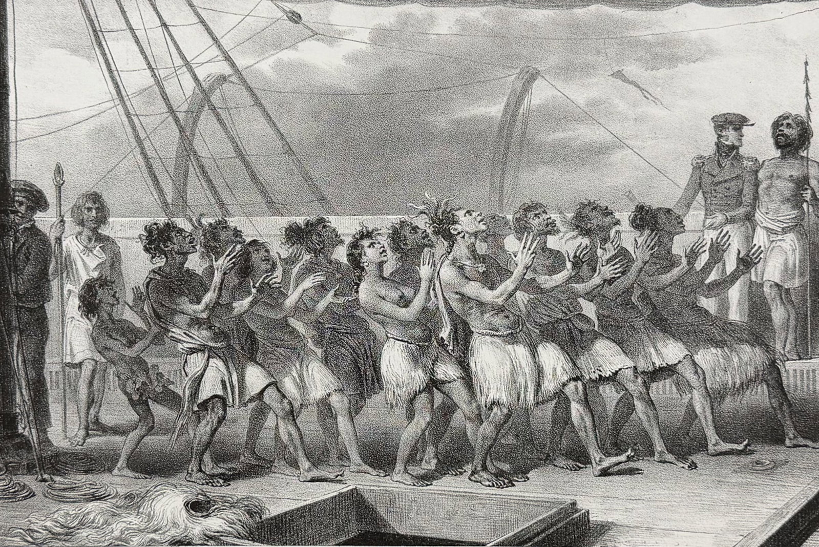 Dumont D'Urville, New Zealand - Natives Performing Dance on Astrolabe at Tolaga Bay [Baie Huoa-Houa,: This folio lithograph is from Jules Sebastien Cesar Dumont D'Urville's Voyage de la Corvette l'Astrolabe ex?cut? par ordre du Roi pendant les ann?es 1826, 1827, 1828, 1829, sous le commandement de M.J