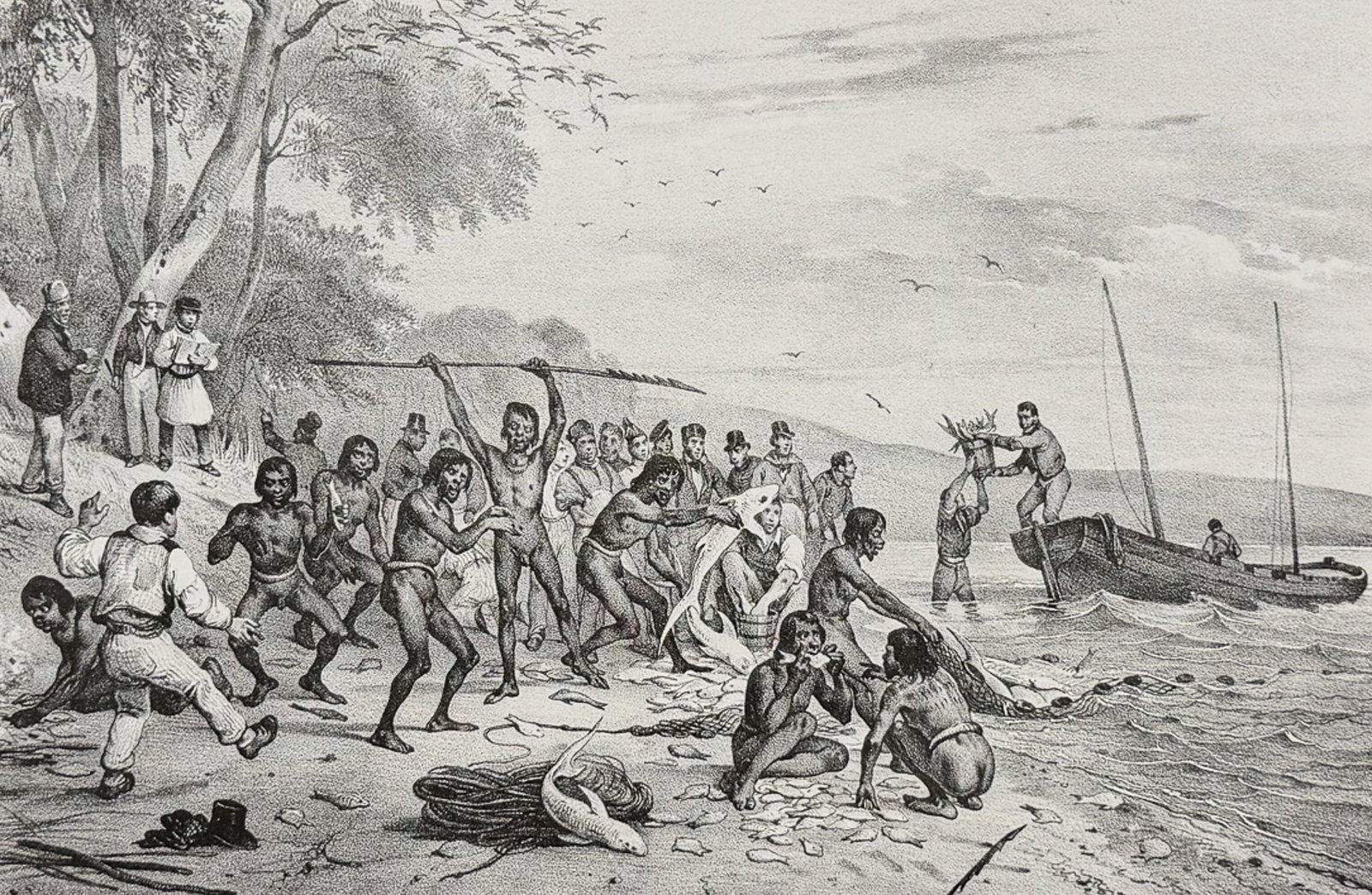 Dumont D'Urville, Australia - Encounter at Jervis Bay [Baie Jervis (Nouvelle Hollande), Les Marins: This folio lithograph is from Jules Sebastien Cesar Dumont D'Urville's Voyage de la Corvette l'Astrolabe ex?cut? par ordre du Roi pendant les ann?es 1826, 1827, 1828, 1829, sous le commandement de M.J