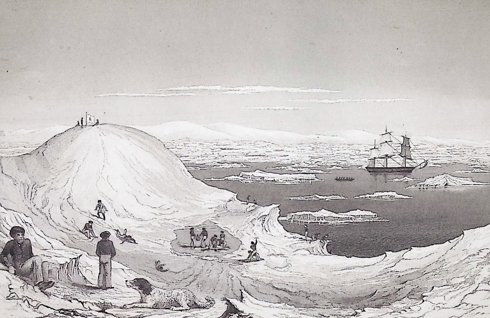 Wilkes - View of the Antarctic Continent: This historic engraving is from Charles Wilkes's Narrative of the United States Exploring Expedition. During the Years 1838, 1839, 1840, 1841, 1842. The work was published in Philadelphia by Lea and B