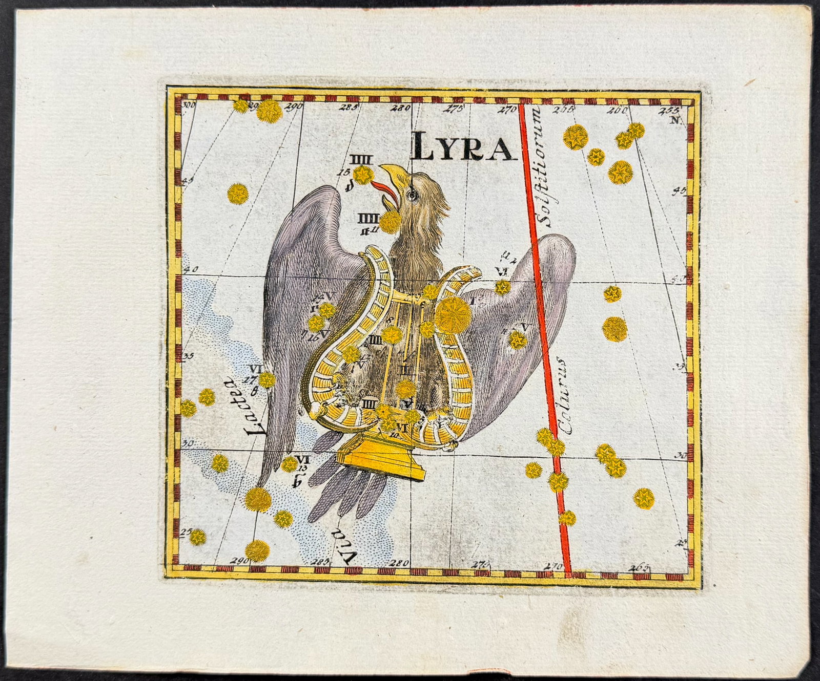 Thomas - Constellation or Celestial Chart of Lyra (Lyre): This celestial engraving is from Corbinian Thomas's Mercurii philosophici firmamentum Firmianum descriptionem et usum globi artificialis coelestis. The work was published in Augsburg in 1731 by Merz u