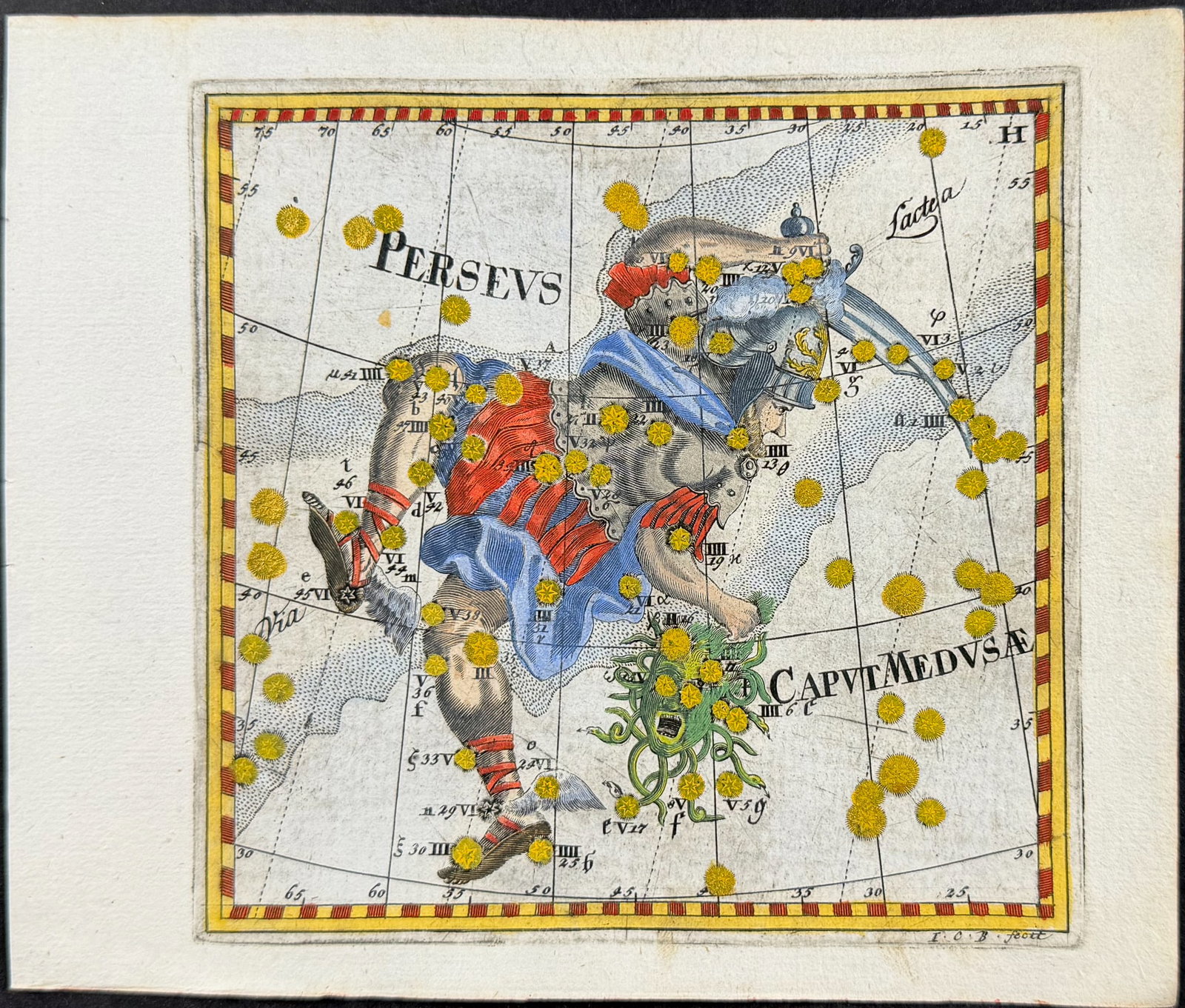 Thomas - Constellation or Celestial Chart of Perseus, Caput Medusa (Decapitation of Medusa): This celestial engraving is from Corbinian Thomas's Mercurii philosophici firmamentum Firmianum descriptionem et usum globi artificialis coelestis. The work was published in Augsburg in 1731 by Merz u