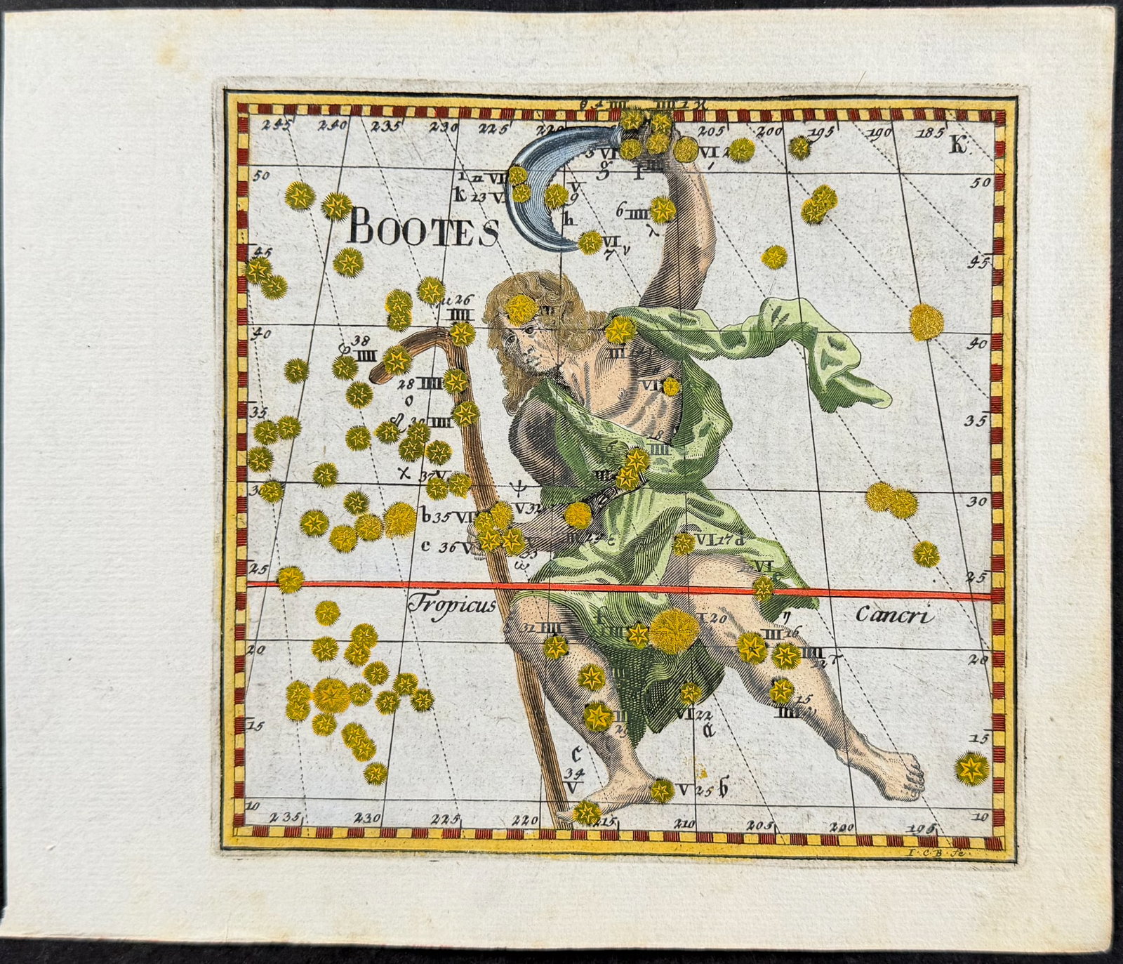 Thomas - Constellation or Celestial Chart of Bootes: This celestial engraving is from Corbinian Thomas's Mercurii philosophici firmamentum Firmianum descriptionem et usum globi artificialis coelestis. The work was published in Augsburg in 1731 by Merz u
