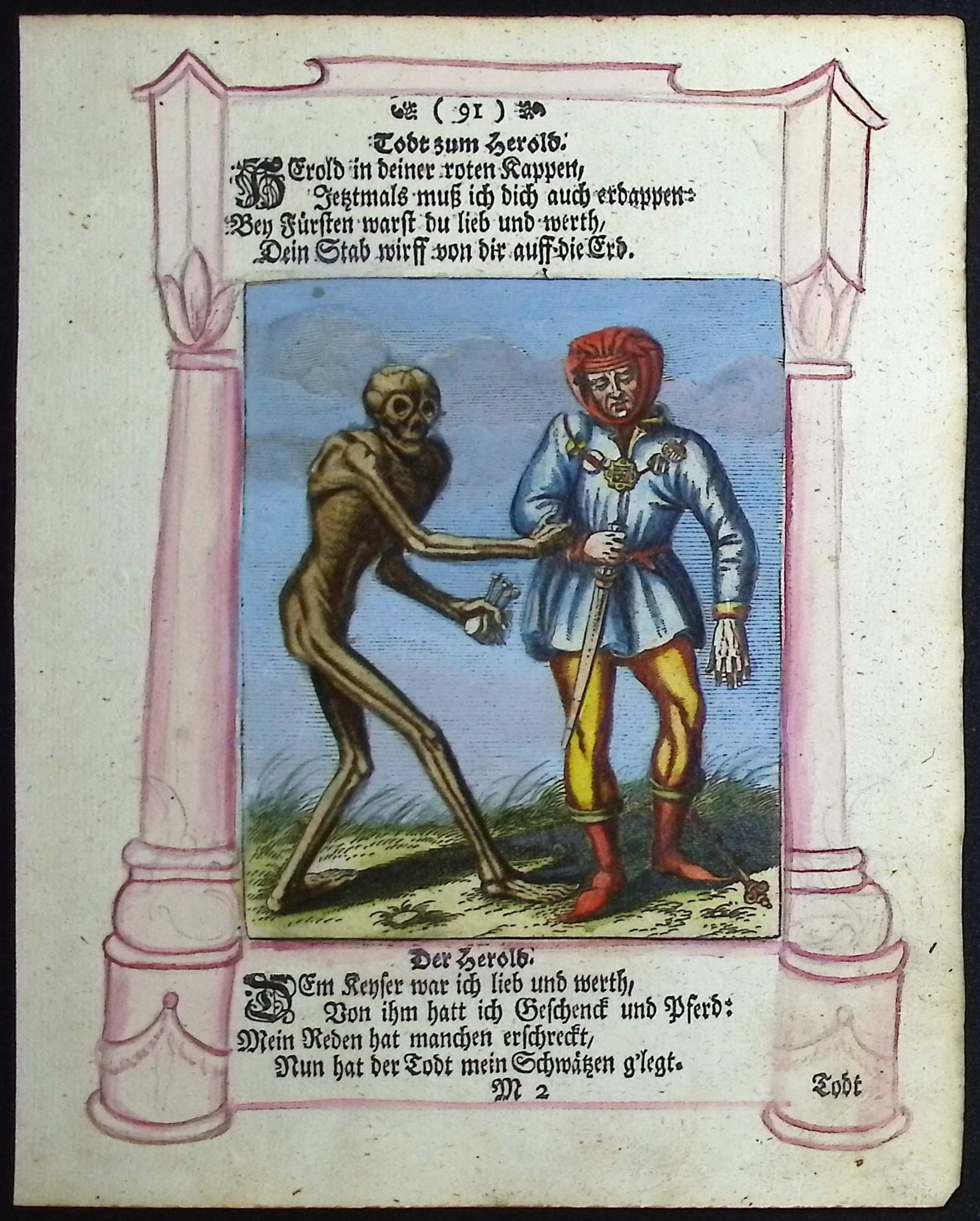 Merian - Dance of Death. 91: This rare and early engraving is from Matthaus Merian's Todten-Tantz, wie derselbe in der lo?blichen und weit-beru?hmten Stadt Basel, als ein Spiegel menschlicher Beschaffenheit... or The Dance of the