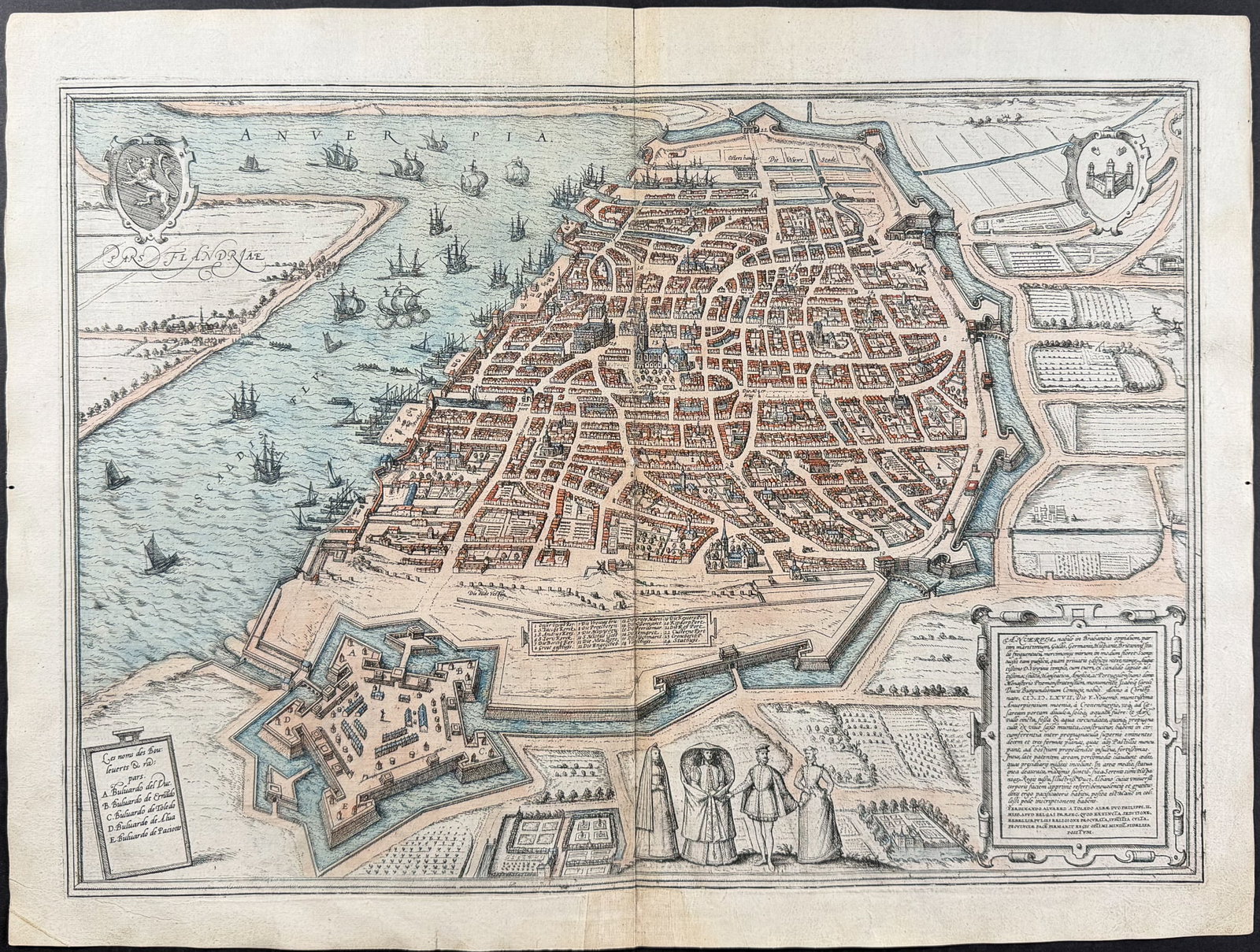 Braun & Hogenberg, pub. 1575 - View of Antwerp, Belgium: This extraordinary engraving is from Georg Braun & Frans Hogenberg's Civitates Orbis Terrarum or Atlas of the Cities of the World. The work was published in Augsburg in 1575. It is considered the grea