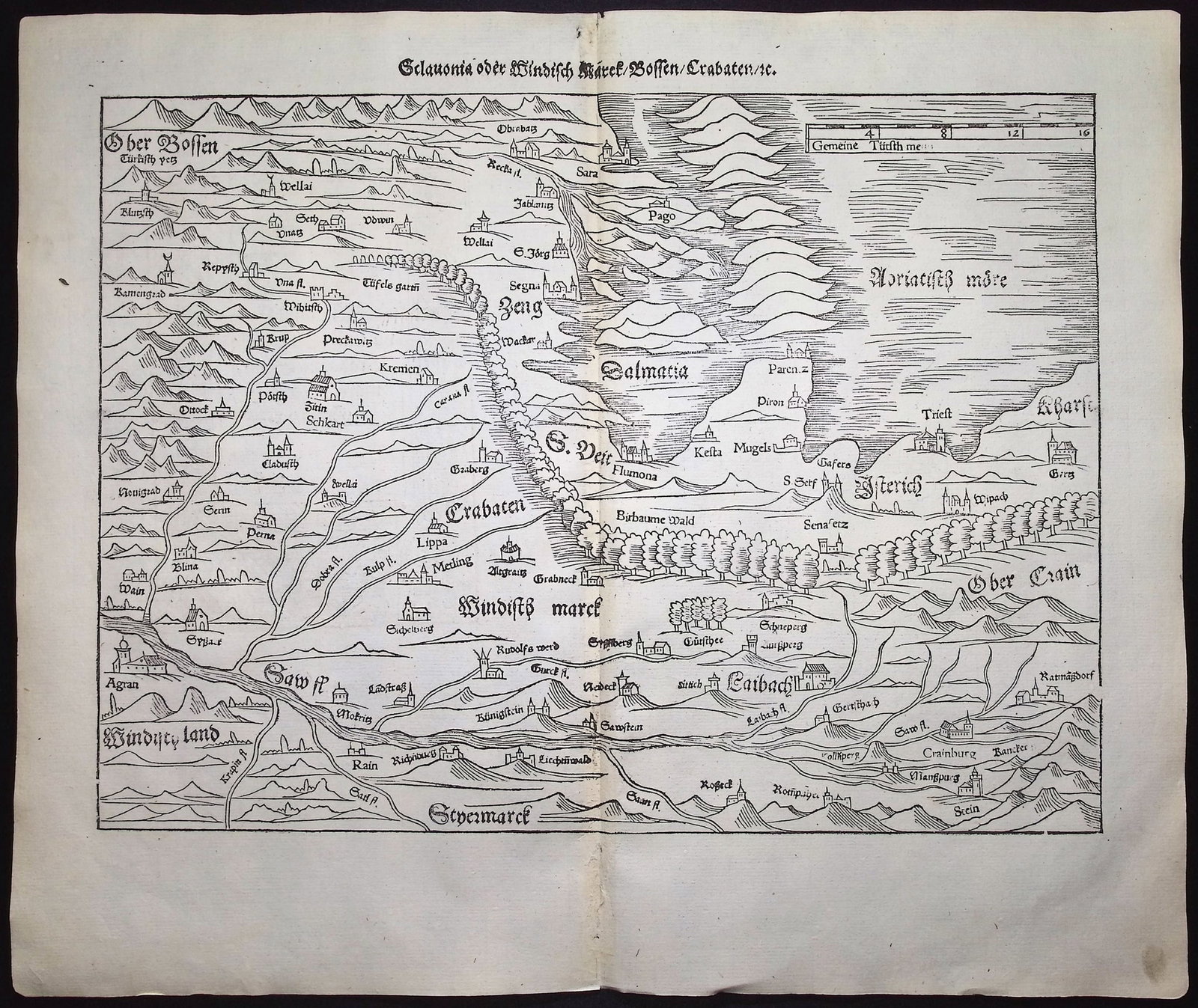 Munster, pub. 1574 - Map of the Balkans (Slovenia, Croatia, Bosnia): This very old woodcut is from Sebastian Munster's Cosmographia Universalis or Cosmographey: das ist Beschreibung aller Lander [...] The work was published in Basel in 1574 by Heinrich Petri. The work 