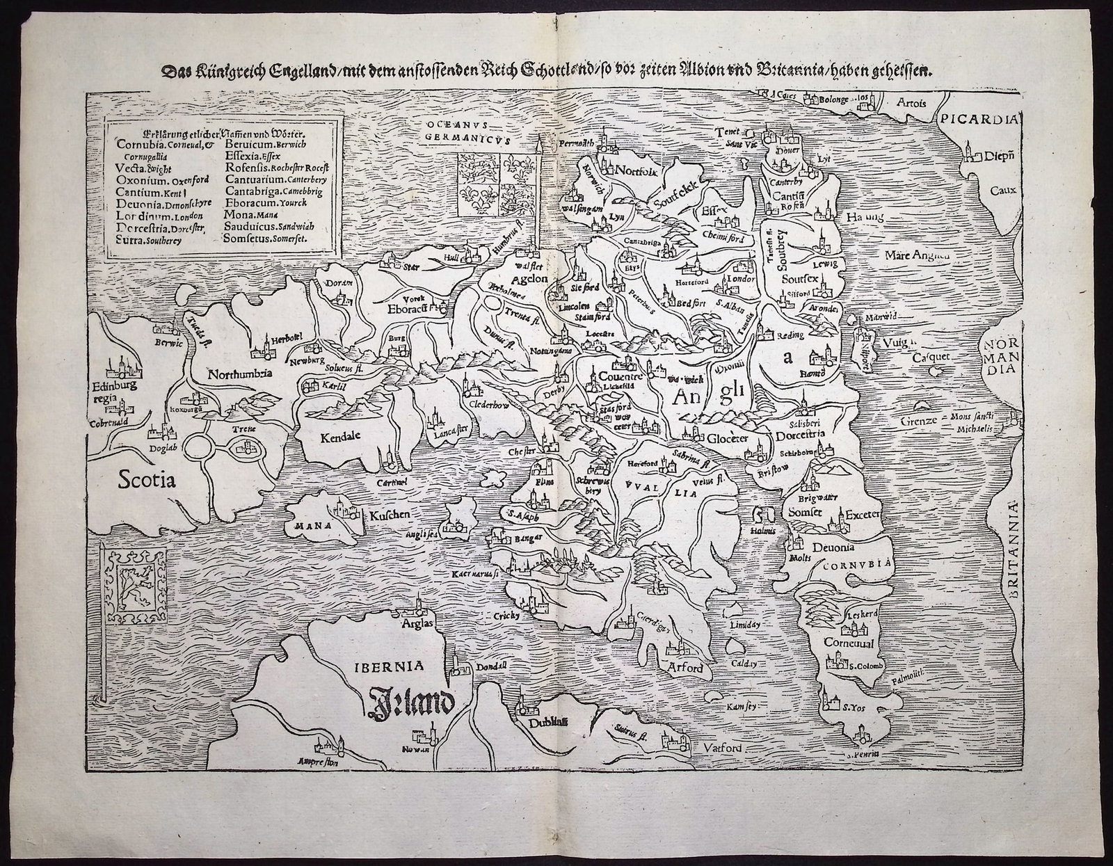 Munster, pub. 1574 - Map of England wth part of Scotland & Ireland (1 of 2)