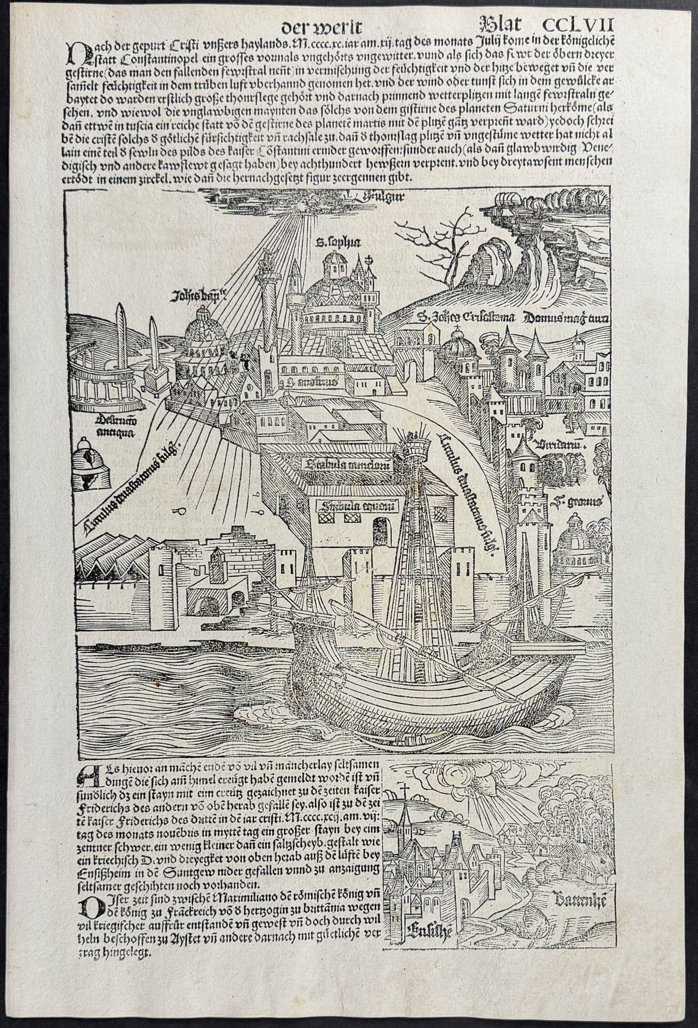 Schedel, pub. 1493 - View of Constantinople (Istanbul), Turkey / Verso: Burning of the Jewish People: This important and historic engraving is from Hartmann Schedel Liber Chronicarum, more commonly known as the Nuremberg Chronicle (in German: Das Buch der Croniken und Geschichten. This is from the fir