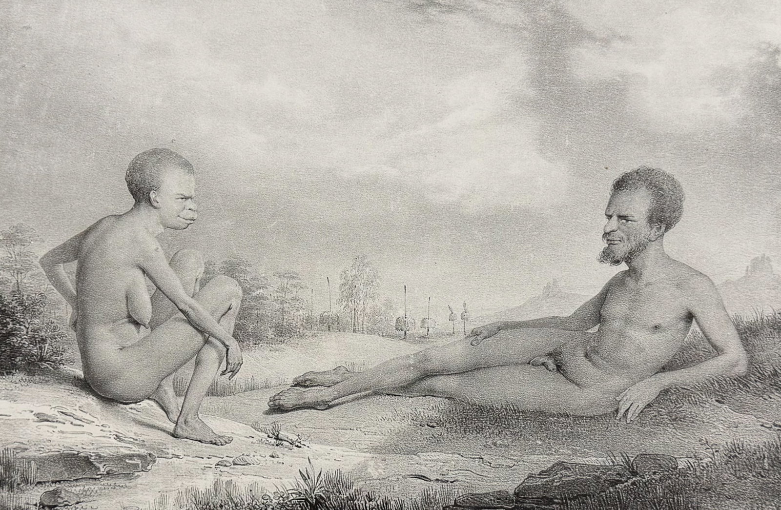 Dumont D'Urville, Australia - Natives of Tasmania, Australia; Indigenes des Deux Sexes (Van Diemen): This folio lithograph is from Jules Sebastien Cesar Dumont D'Urville's Voyage de la Corvette l'Astrolabe ex?cut? par ordre du Roi pendant les ann?es 1826, 1827, 1828, 1829, sous le commandement de M.J