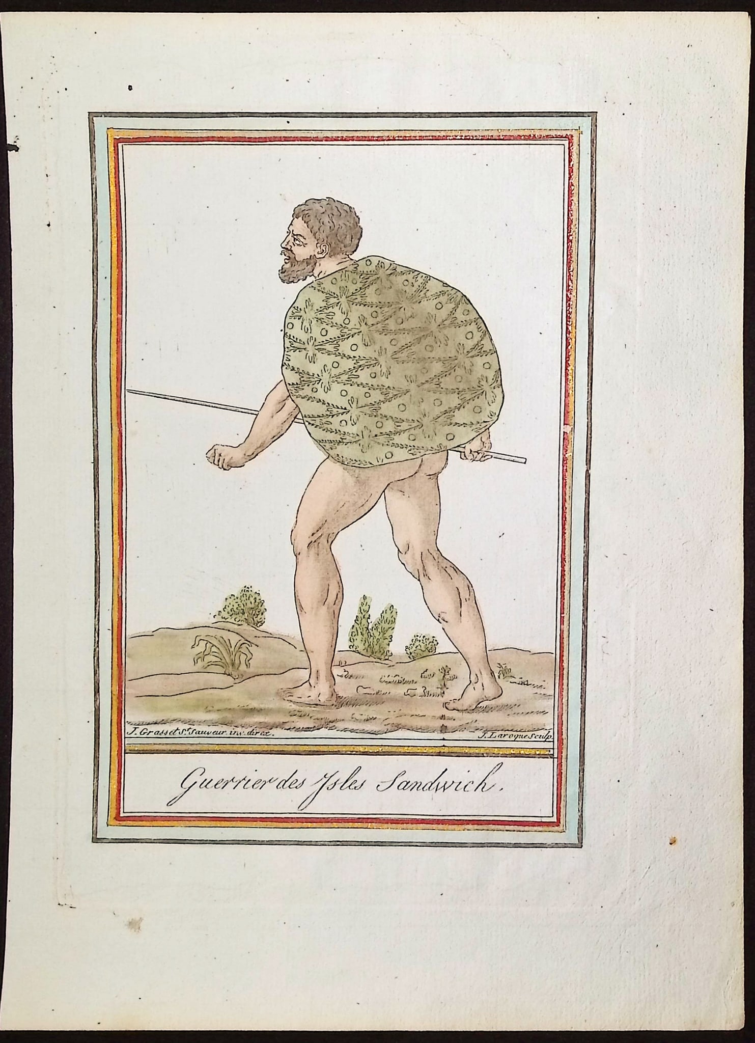 Grasset, Hawaii - Warrior of the Sandwich Islands [Guerrier des Isles Sandwich]: This originally hand-colored engraving is from Jacques Grasset de Saint-Sauveur's Costumes de Differents Pays. It was published in Paris circa 1780. Jacques Grasset de Saint-Sauveur (1757-1810) was a 