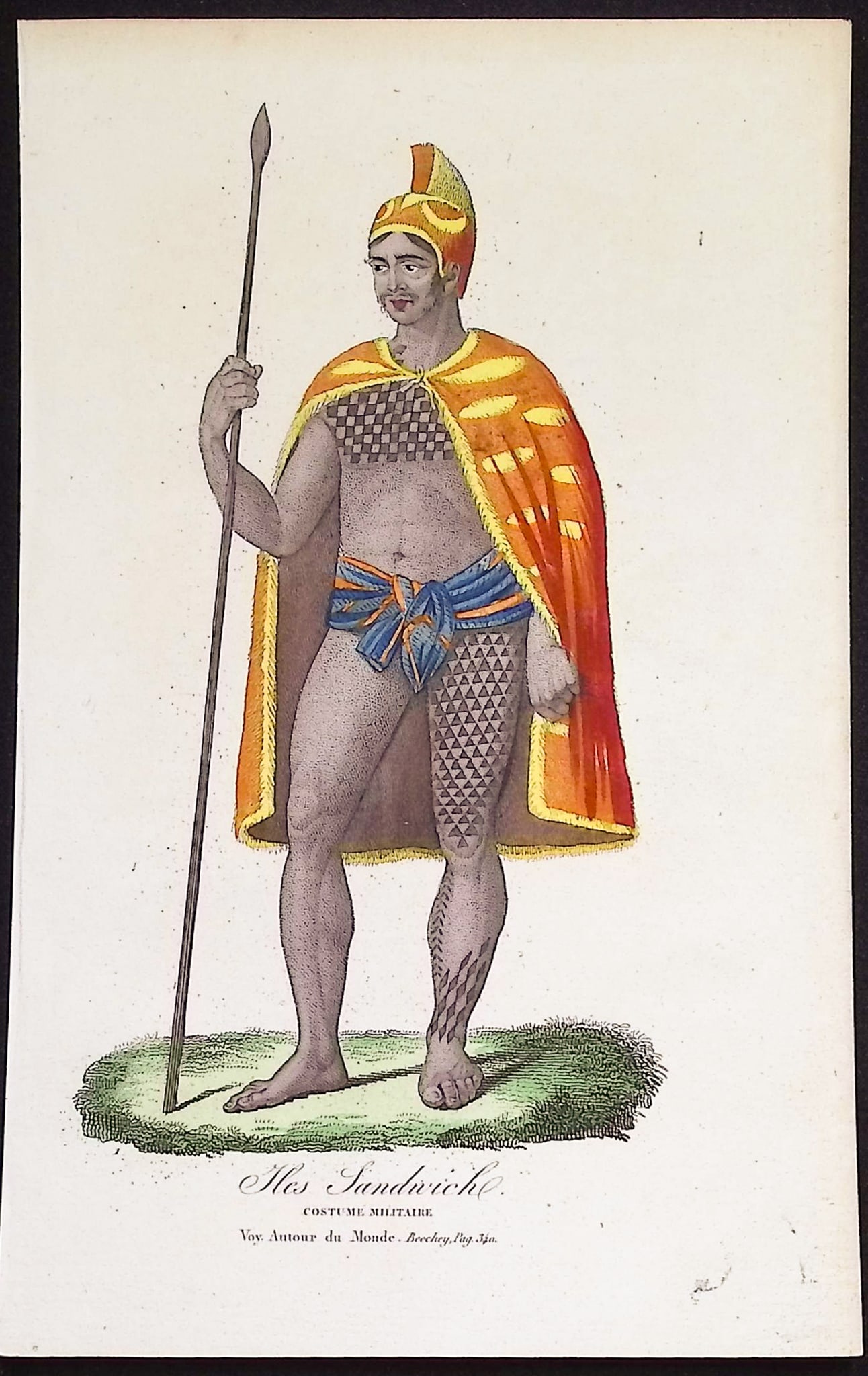 Massard & Wachsmuth, Hawaii - Warrior of the Sandwich Islands [Iles Sandwich, Costume Militaire]: This originally hand-colored engraving is from Collection de portraits et costumes des diff?rents peuples qui habitent les cinq parties du monde... The engravings was published in Paris between 1835 a