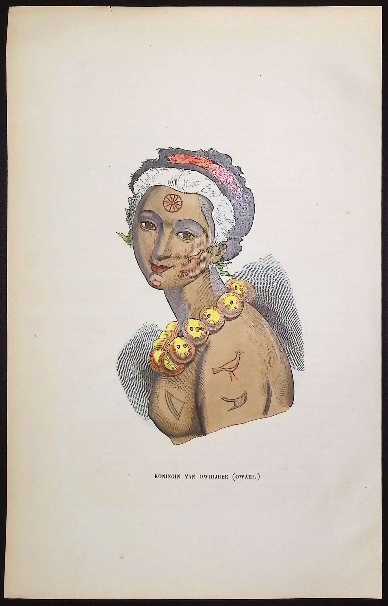 Berghaus after Arago, Hawaii - Queen Kaonoe of Hawaii [Koningin van Owijhee (Owahi)]: This lovely woodcut engraving is from Heinrich Berghaus's Die Volker des Erdballs nach ihrer Abstammung und Verwandtschaft und ihren Eigenthumlichkeiten in Regierungsform, Religion, Sitte und Tracht o