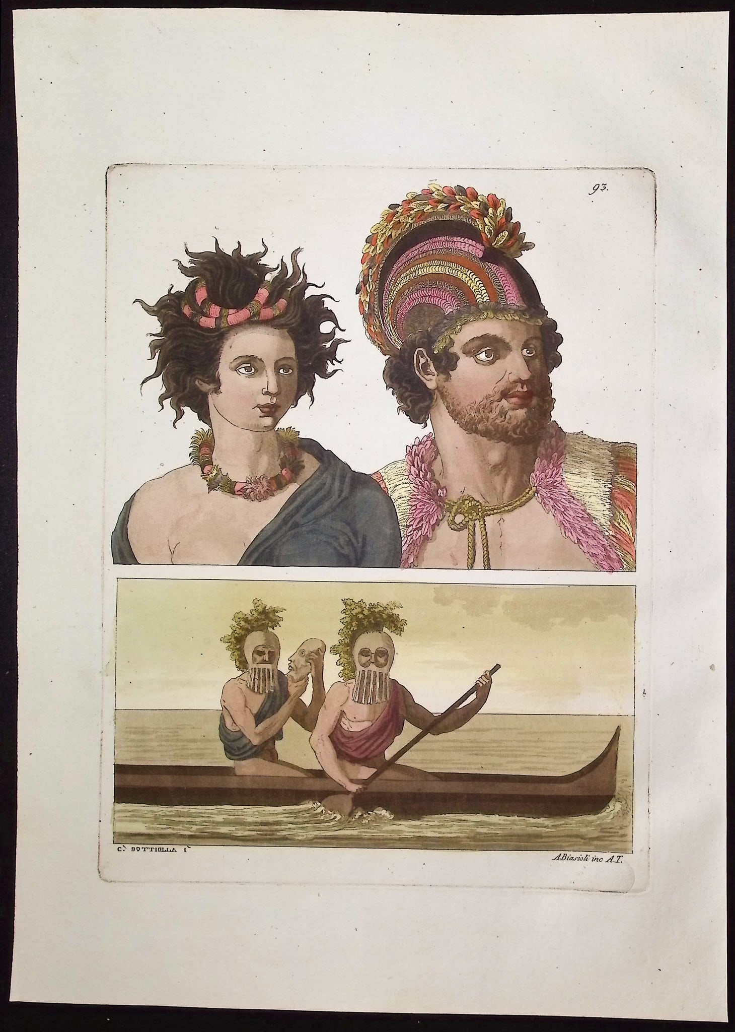 Ferrario after Webber, Hawaii - Native Hawaiians & Rowers in Masks: This originally hand-colored aquatint etching is from Giulio Ferrario's Costume Antico e Moderno: Palestine, China, India, Oceani. It was published in Italy circa 1831. The engraving was done by Giova