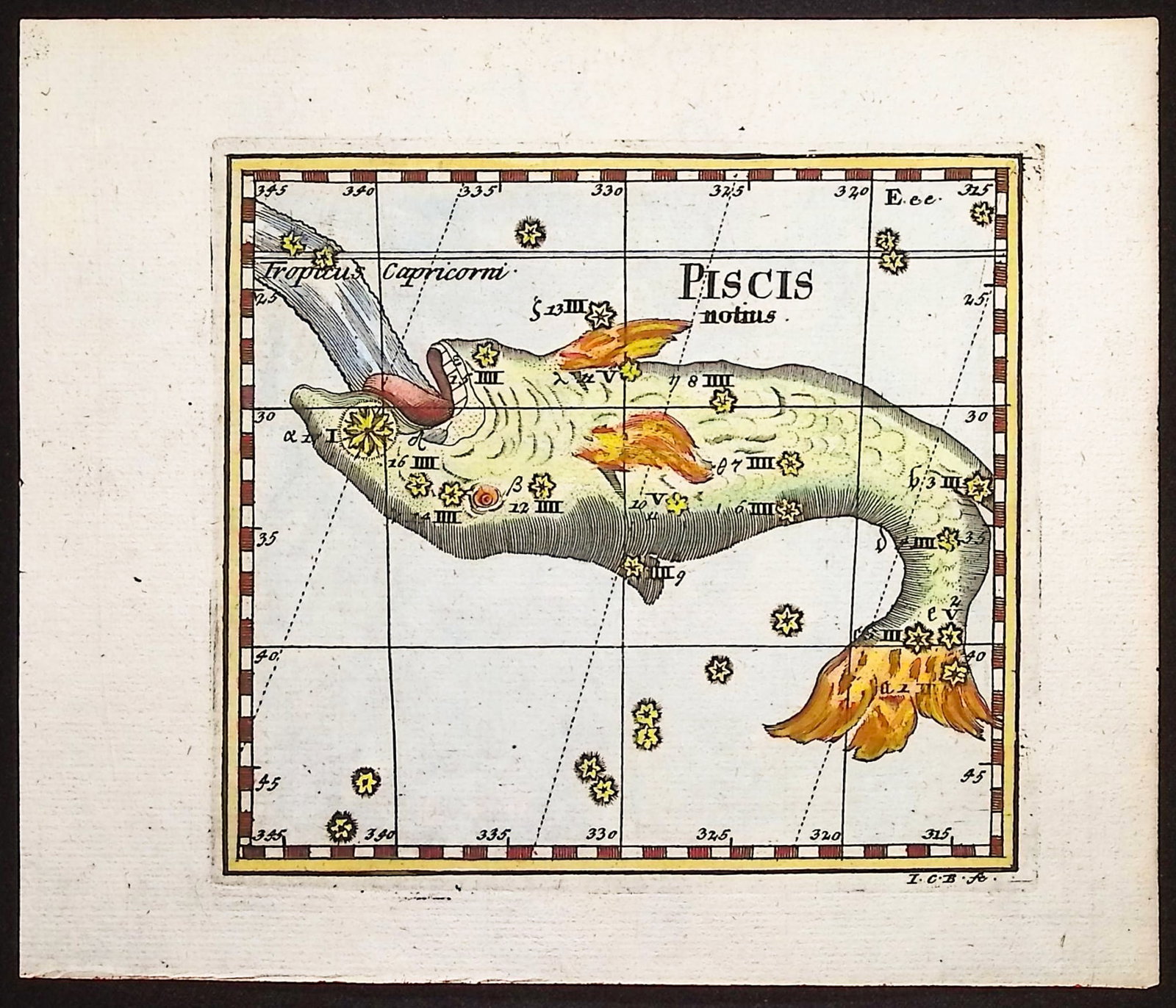 Thomas - Constellation or Celestial Chart of Piscis (Pisces): This celestial engraving is from Corbinian Thomas's Mercurii philosophici firmamentum Firmianum descriptionem et usum globi artificialis coelestis. The work was published in Augsburg in 1731 by Merz u