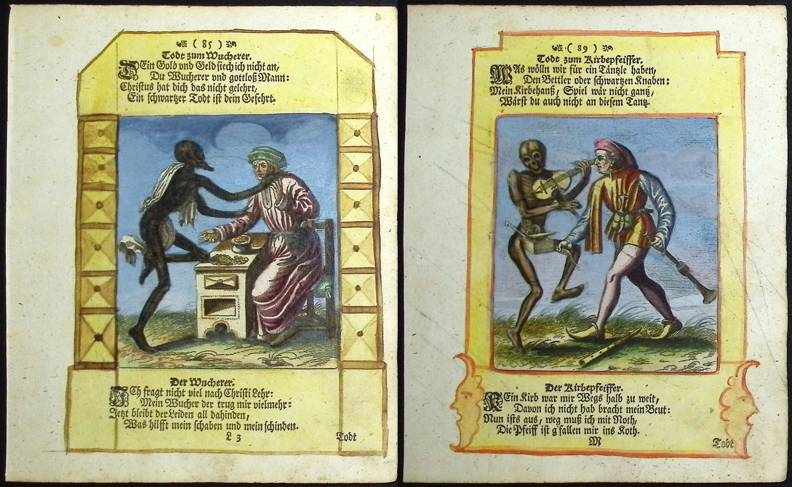 Merian - Pair of Dance of Death Engravings: This rare and early engraving is from Matthaus Merian's Todten-Tantz, wie derselbe in der lo?blichen und weit-beru?hmten Stadt Basel, als ein Spiegel menschlicher Beschaffenheit... or The Dance of
