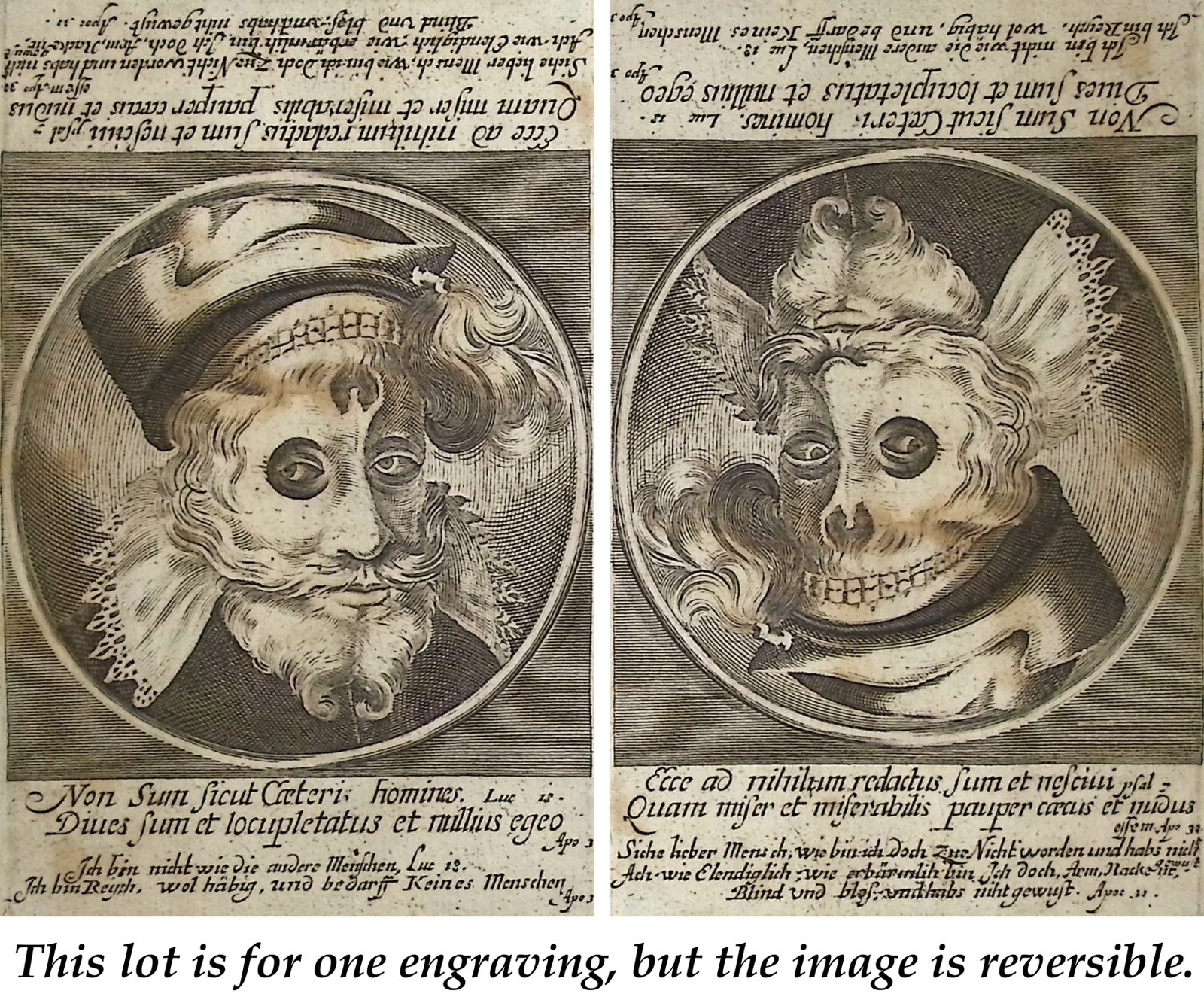 Merian - Dance of Death (Image is man in one direction, Skeleton when flipped): This rare and early engraving is from Matthaus Merian's Todten-Tantz, wie derselbe in der lo?blichen und weit-beru?hmten Stadt Basel, als ein Spiegel menschlicher Beschaffenheit... or The Dance of