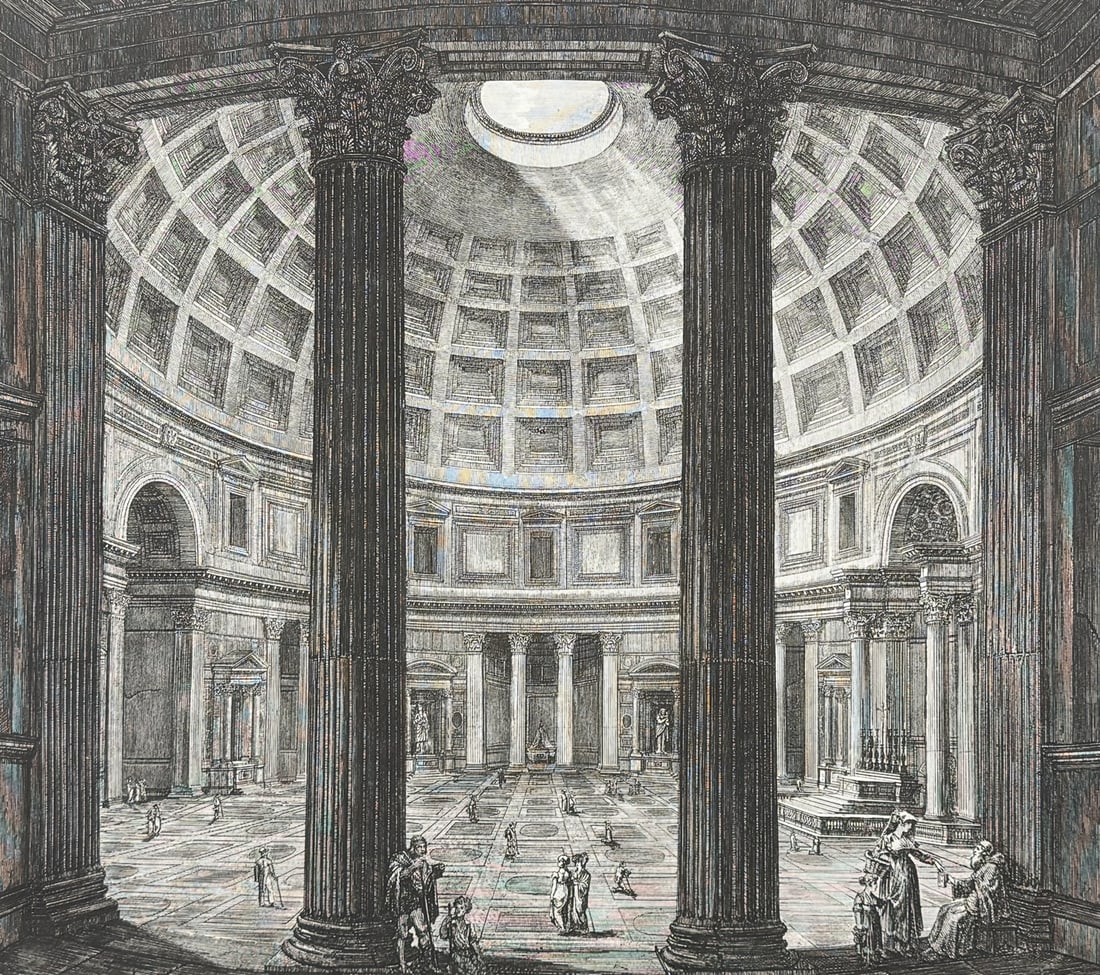 Rossini - Pantheon - Veduta dell'Interno del Panteon di Marco Agrippa: This richly detailed folio etching is from Luigi Rossini's Le antichita romane, ossia, Raccolta delle piu Interessanti vedute di Roma antica... This is from the second edition of the work published