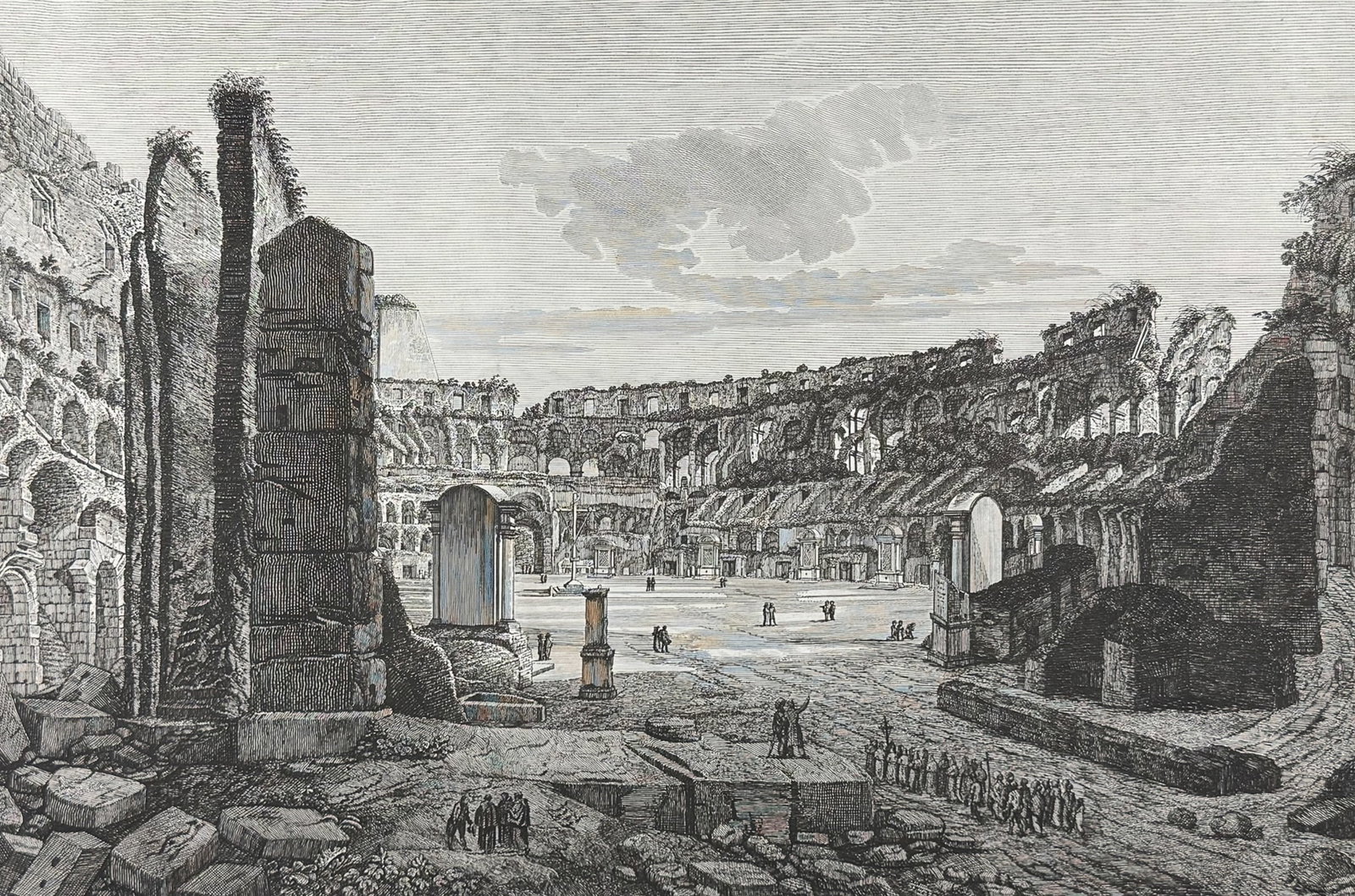 Rossini - Colosseum - Veduta del grand'interno dell'Anfiteatro Falvio, detto il Colosseo: This richly detailed folio etching is from Luigi Rossini's Le antichita romane, ossia, Raccolta delle piu Interessanti vedute di Roma antica... This is from the second edition of the work published