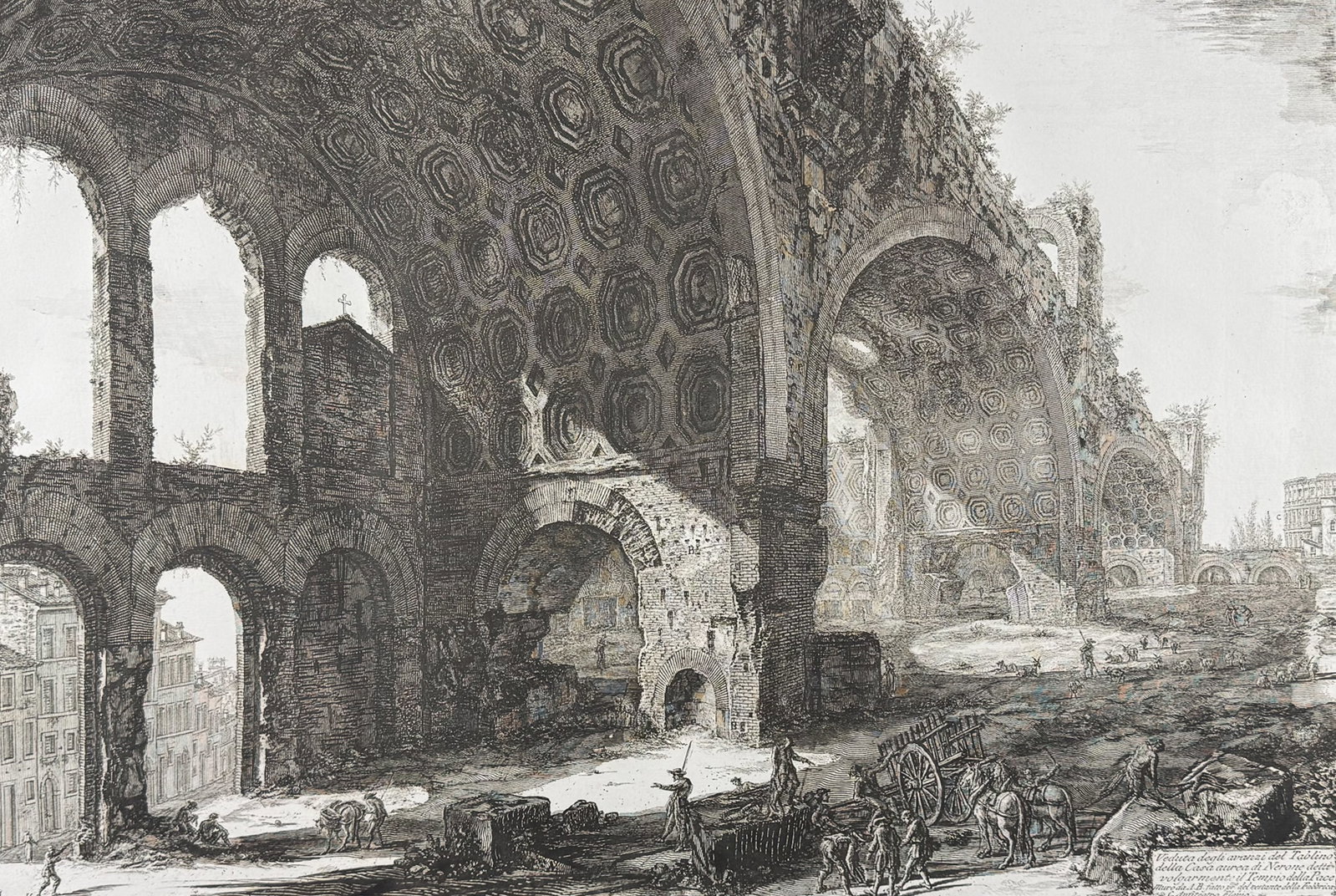 Piranesi, Folio - View of the remains of the tablinum of Nero?s Golden House, also called the Temple: This extraordinary large folio etching is from Giovanni Battista Piranesi's "Vedute di Roma". This from a mixed edition of the work published in Rome & Paris likely published c1778 to early 1800s.