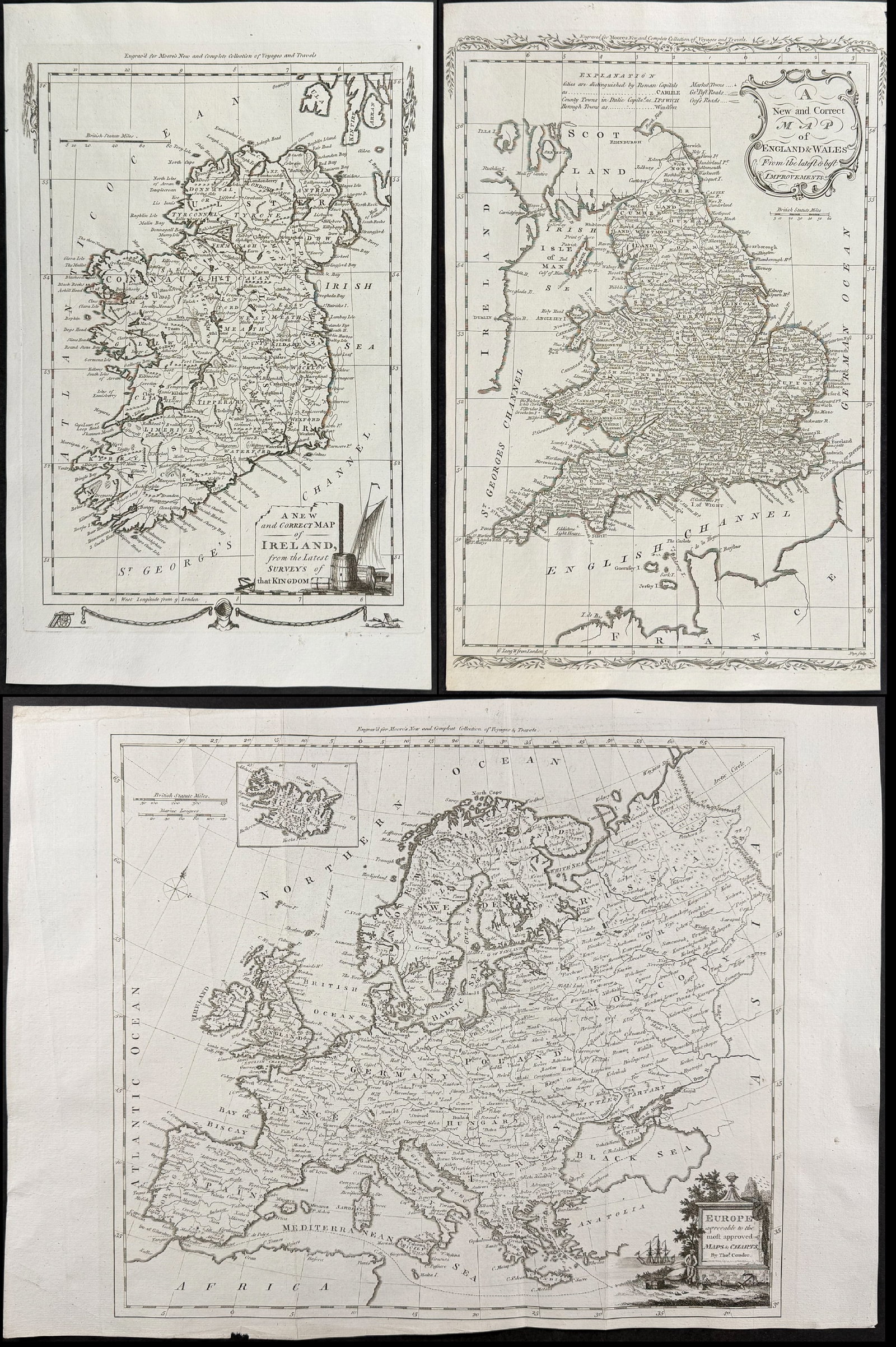 Moore & Conder - 8 Engravings of Europe, Ireland, Scotland, Italy, France, Spain & Portugal: Included in this lot: The beautiful Waterfall at Tivoli in Italy New & Correct Map of Italy A New & Correct Map of England & Wales A New & Correct Map of France A New & Accurate Map of Spain &