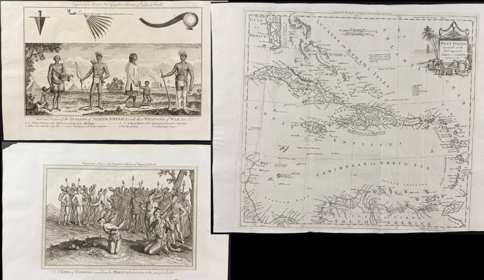 Moore & Conder - 6 Engravings of America, West Indies, & South America: Included in this lot: Varios Dresses of the Indians of North America with their Weapons of War &c Various Plans and Draughts of Cities, Towns, Harbours, &c Dress of the Inhabitants of California with