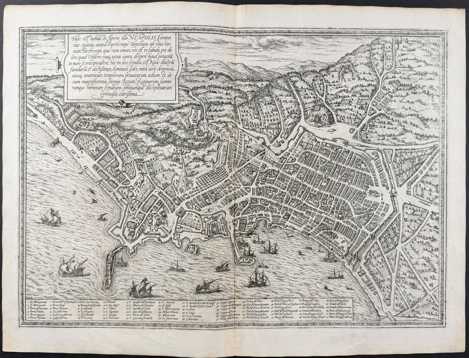 Braun & Hogenberg, pub. 1575 - View of Naples, Itay: This extraordinary engraving is from Georg Braun & Frans Hogenberg's Civitates Orbis Terrarum or Atlas of the Cities of the World. The work was published in Augsburg in 1575. It is considered the