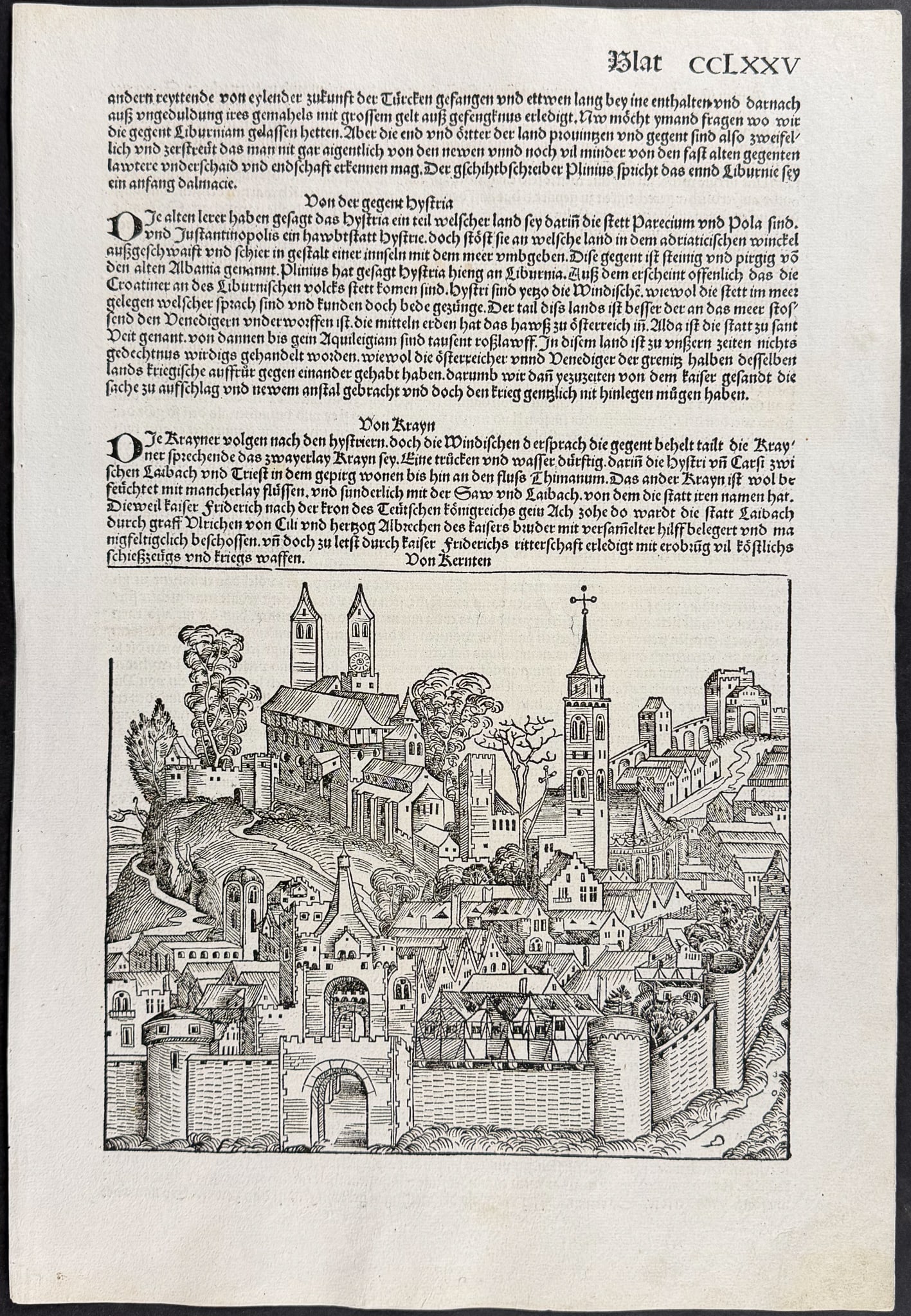 Schedel, pub. 1493 - View of Carinthia, Austria / Verso: Text only: This important and historic engraving is from Hartmann Schedel Liber Chronicarum, more commonly known as the Nuremberg Chronicle (in German: Das Buch der Croniken und Geschichten. This is from the fir