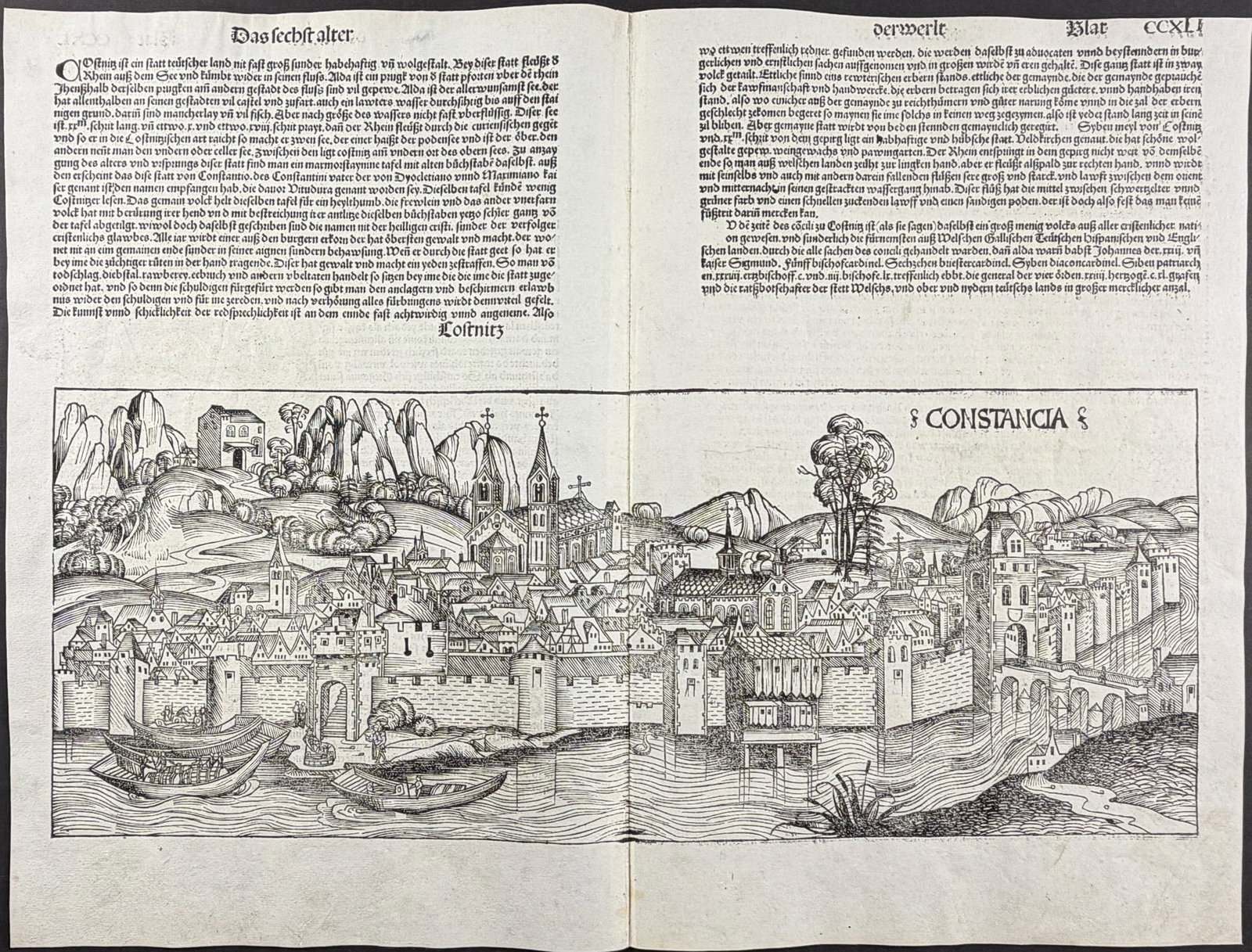 Schedel, pub. 1493 - View of Konstanz (Constance, Constancia), Germany / Verso: Religious & Historic: This important and historic engraving is from Hartmann Schedel Liber Chronicarum, more commonly known as the Nuremberg Chronicle (in German: Das Buch der Croniken und Geschichten. This is from the fir