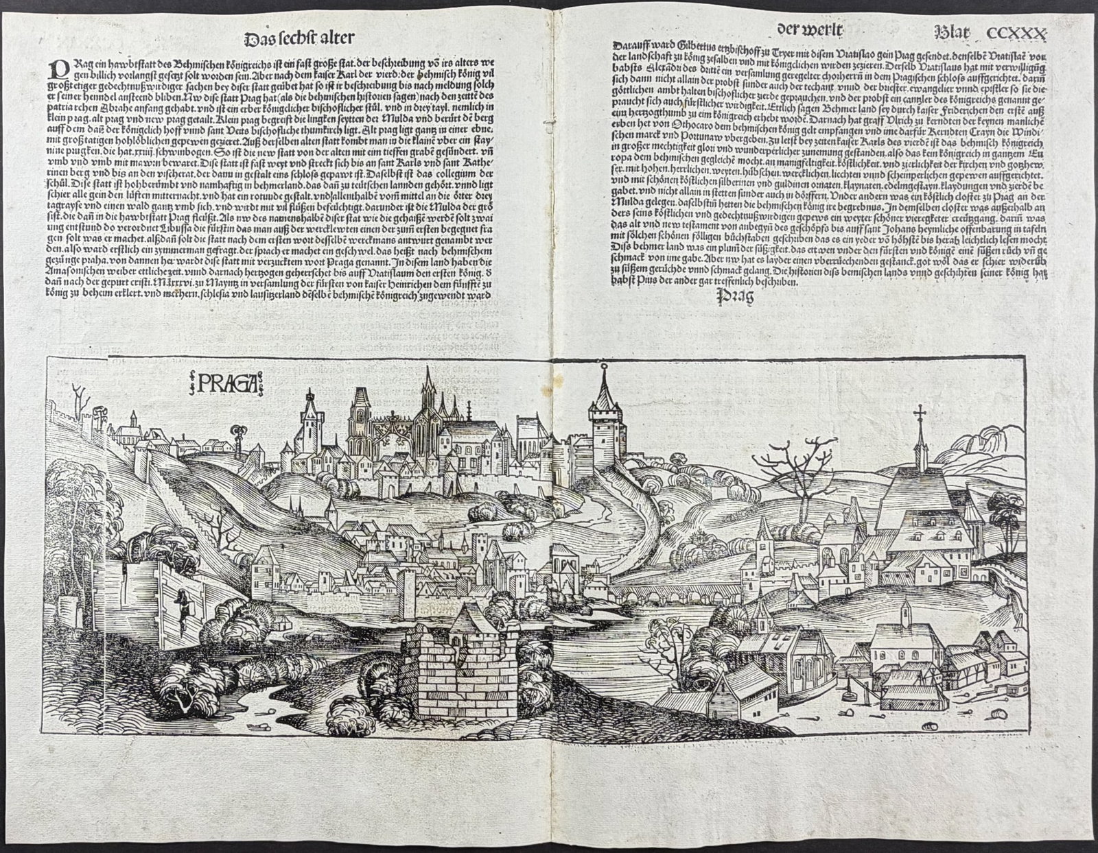 Schedel, pub. 1493 - View of Prague, Czech Republic / Verso: Burning of Jewish People, Religious and: This important and historic engraving is from Hartmann Schedel Liber Chronicarum, more commonly known as the Nuremberg Chronicle (in German: Das Buch der Croniken und Geschichten. This is from the fir