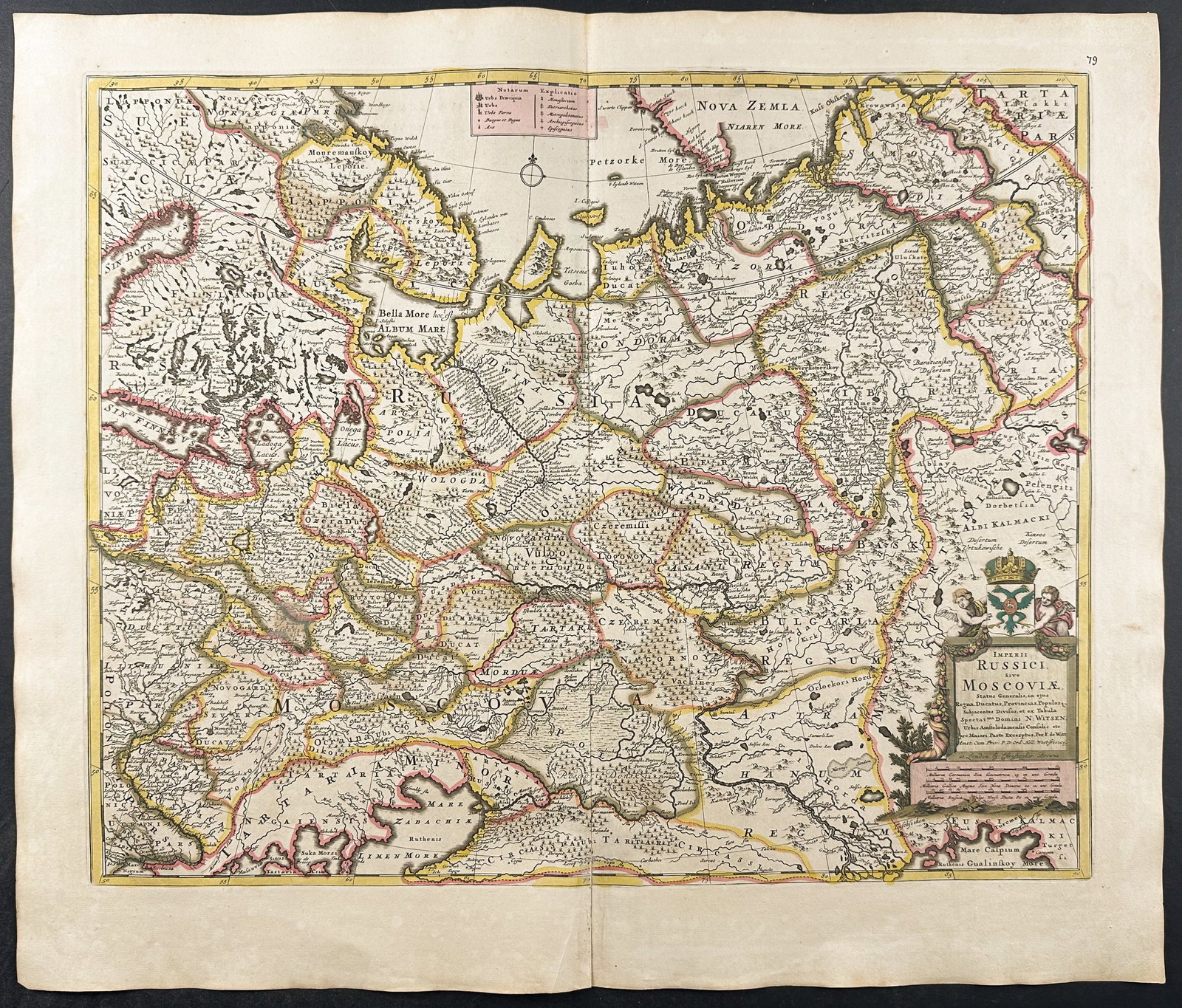 De Wit - Map of Russia, called Moscovia: This remarkable originally hand-colored engraved map is from Frederik de Wit?s Atlas Maior It was published in Amsterdam circa 1710. De Wit published composite atlases using plate stock of his own and
