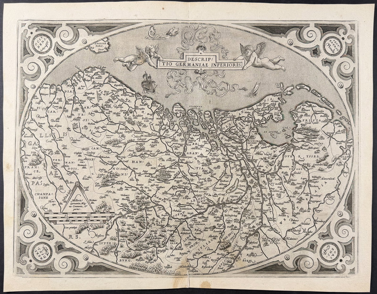 Ortelius, pub. 1587 - Map of the Netherlands & Belgium (Germany Inferior): This stunning engraved map is from Abraham Ortelius's Theatrum orbis terrarum. This is the first French but third edition of the work published in 1587 in Antwerp by Christophe Plantin. These maps hav