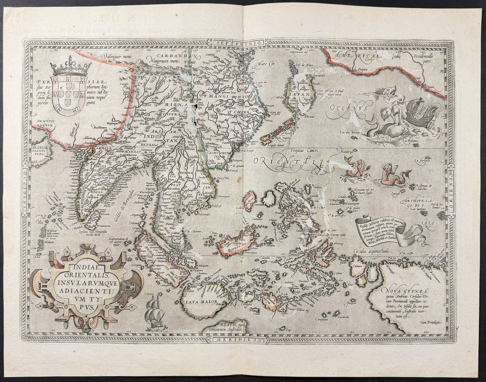 Ortelius, pub. 1587 - Map of the East Indies: This stunning engraved map is from Abraham Ortelius's Theatrum orbis terrarum. This is the first French but third edition of the work published in 1587 in Antwerp by Christophe Plantin. These maps hav